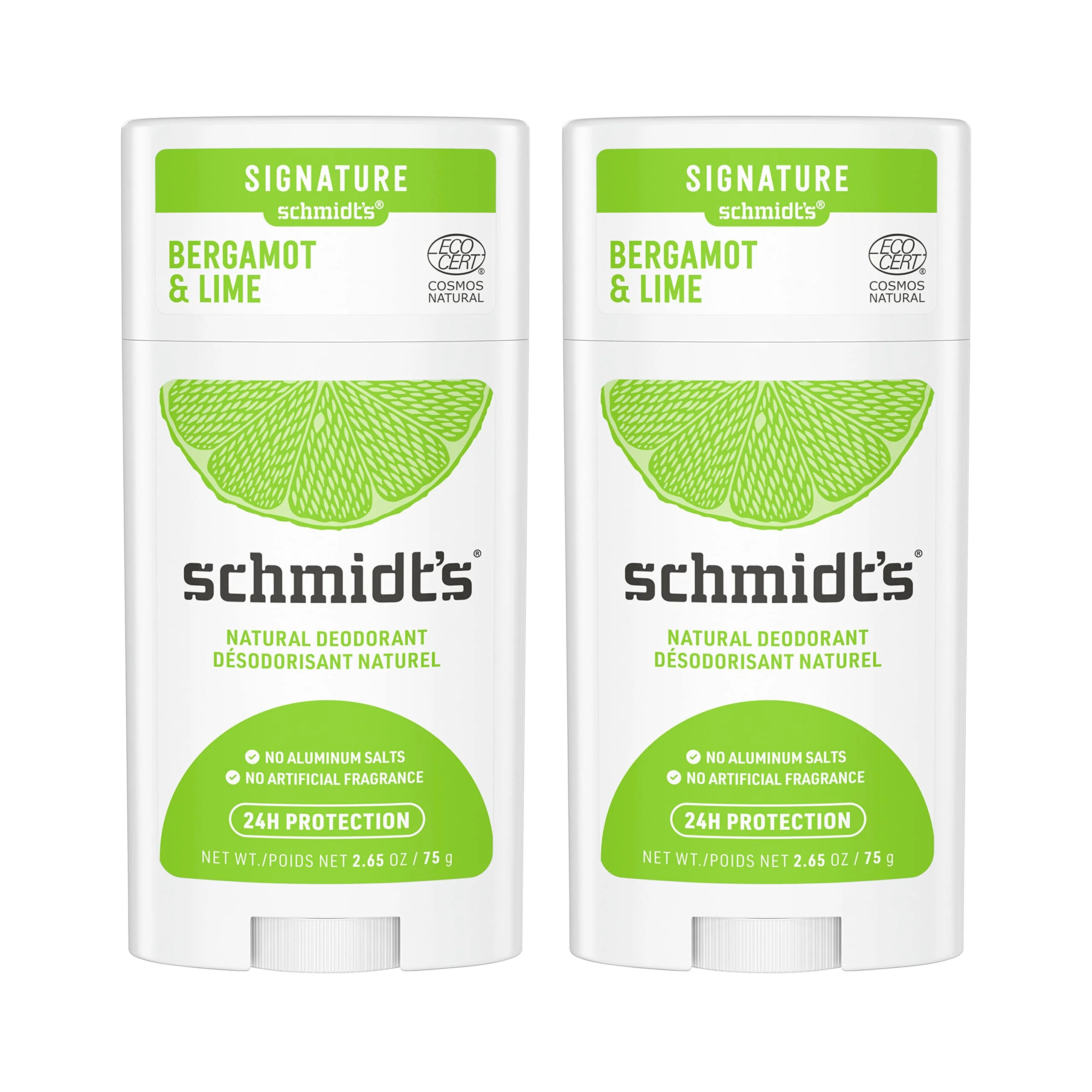 Premium Schmidt's Aluminum Natural Deodorant Bergamot Lime 2 count For Women and Men with 24 Hour Odor Protection Cruelty Vegan Functional