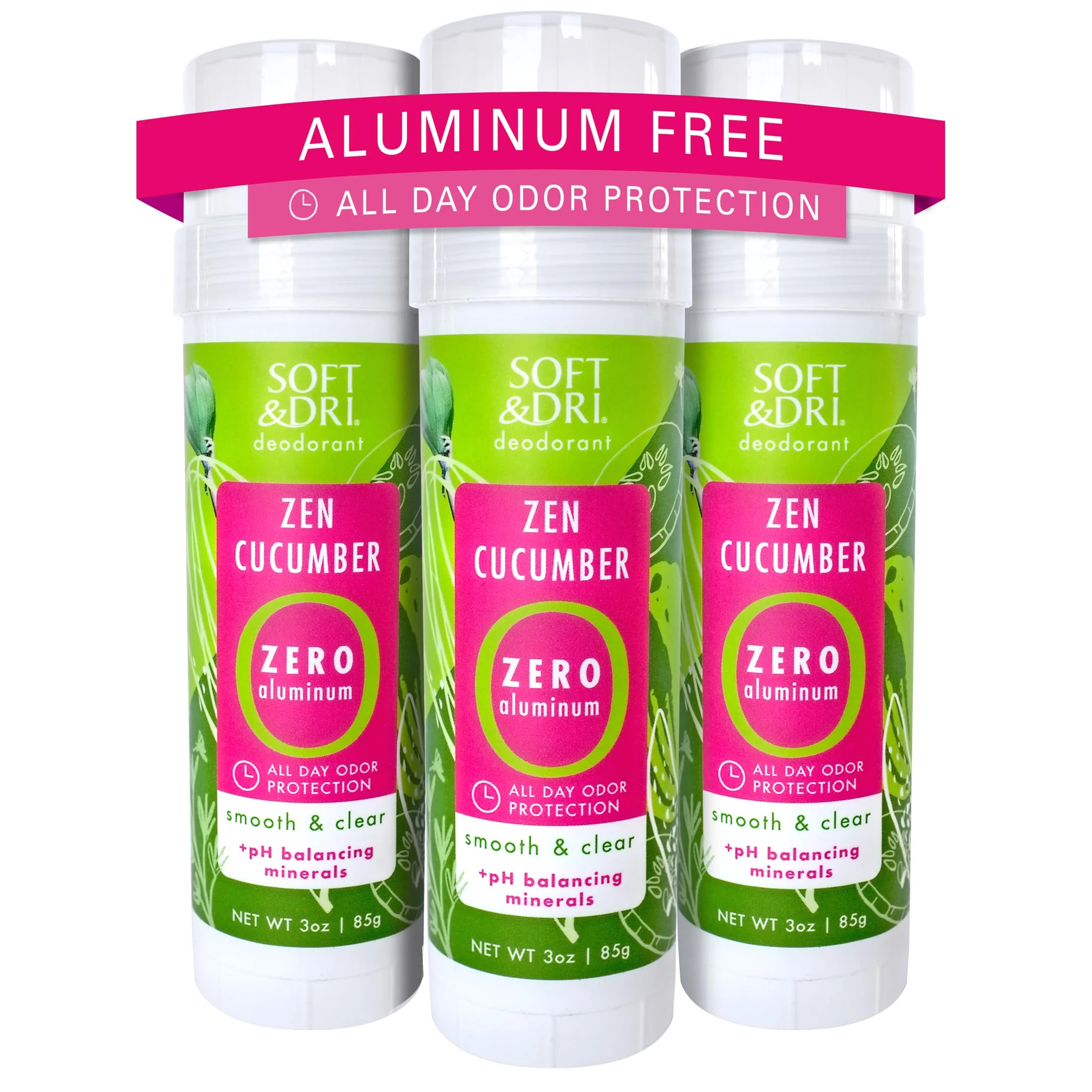 Safe Soft Dri Zen Cucumber Aluminum Deodorant 3 oz Smooth and Clear Stick pH Balancing Minerals 3 Pack Casual