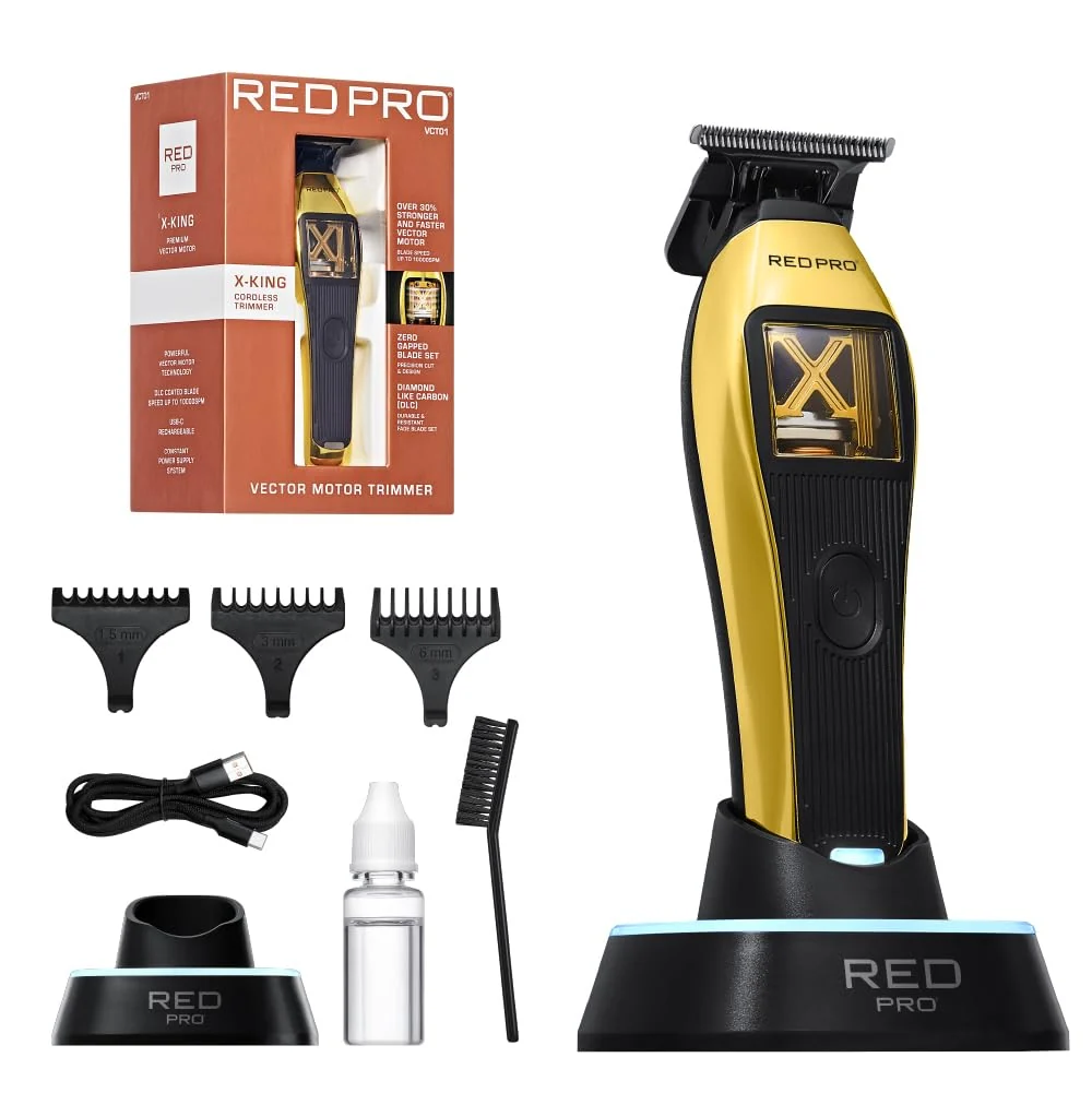 Powerful RED PRO X King Vector Motor Cordless Hair Trimmer Professional Barber Detail Beard Trimmer DLC Blade USB C 240 Min Gold Black Versatile