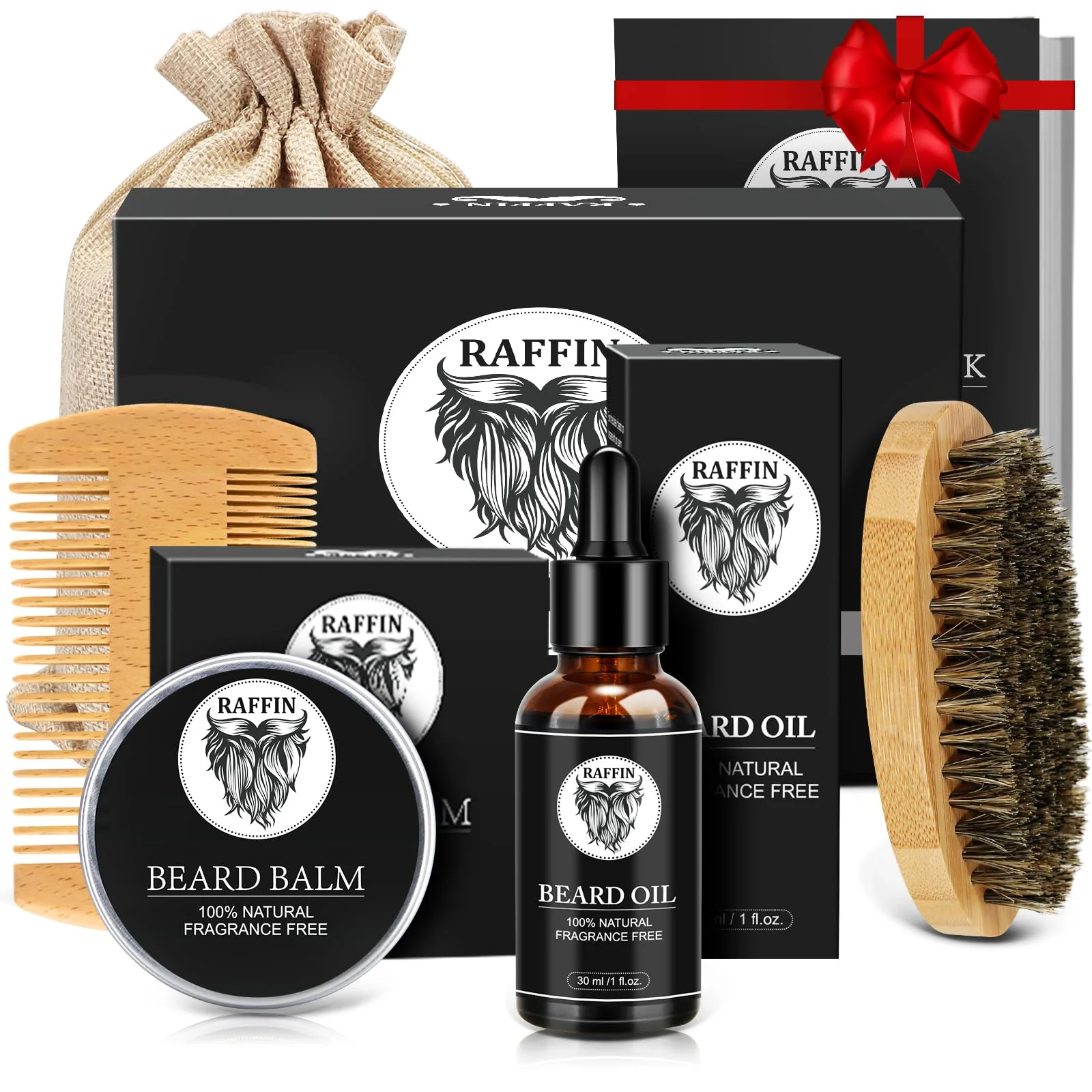 Genuine RAFFIN Beard Kit with Natural Ingreidents Beard Oil Beard Balm Beard Brush Beard Comb Men's Self-care Gifts Set Christmas Birthday Gift Dependable