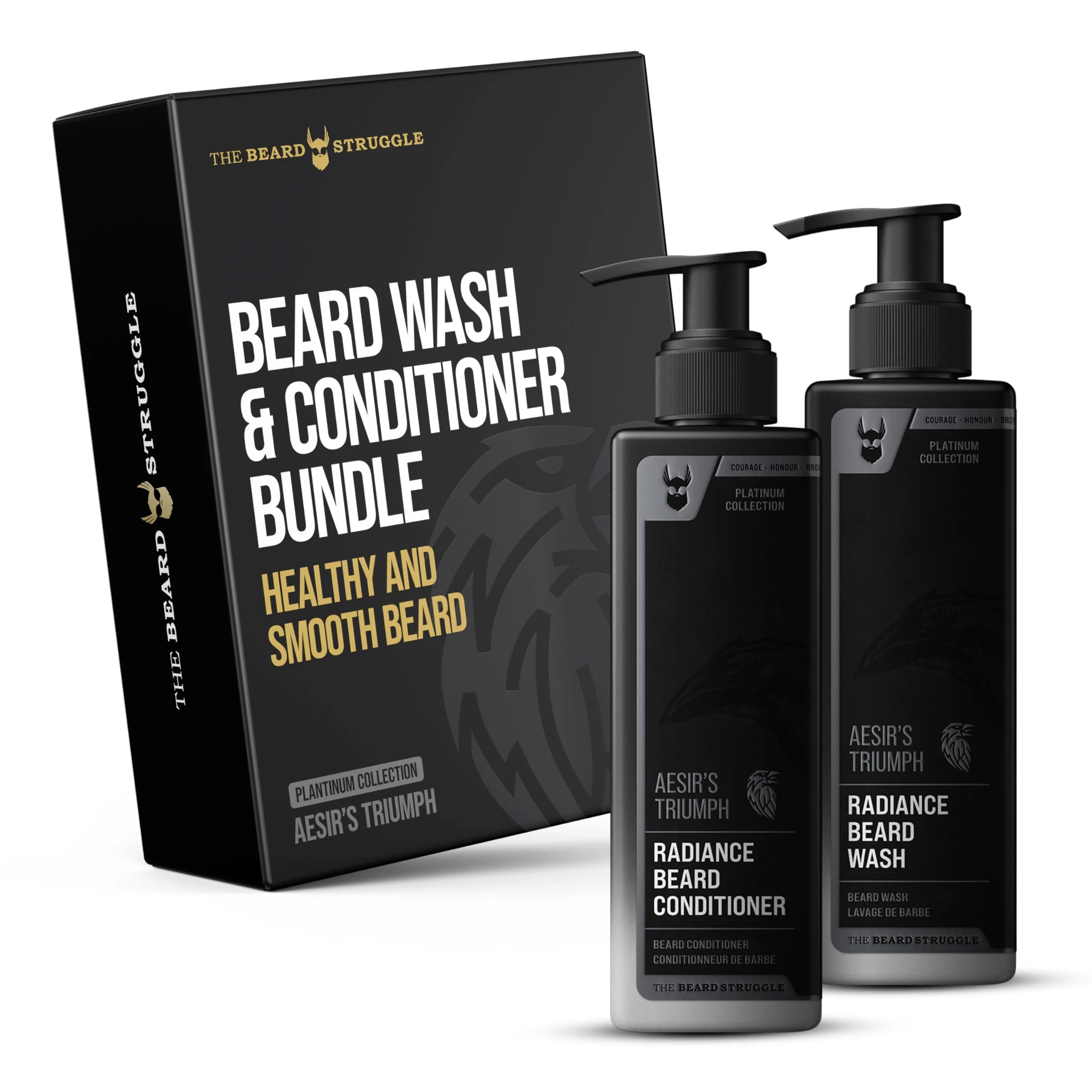 Reusable The Beard Struggle Radiance Beard Wash Conditioner Bundle for Men - Platinum Collection - Pack of 2 - Aesir's Triumph - Nourish Cleanse Soften Responsible