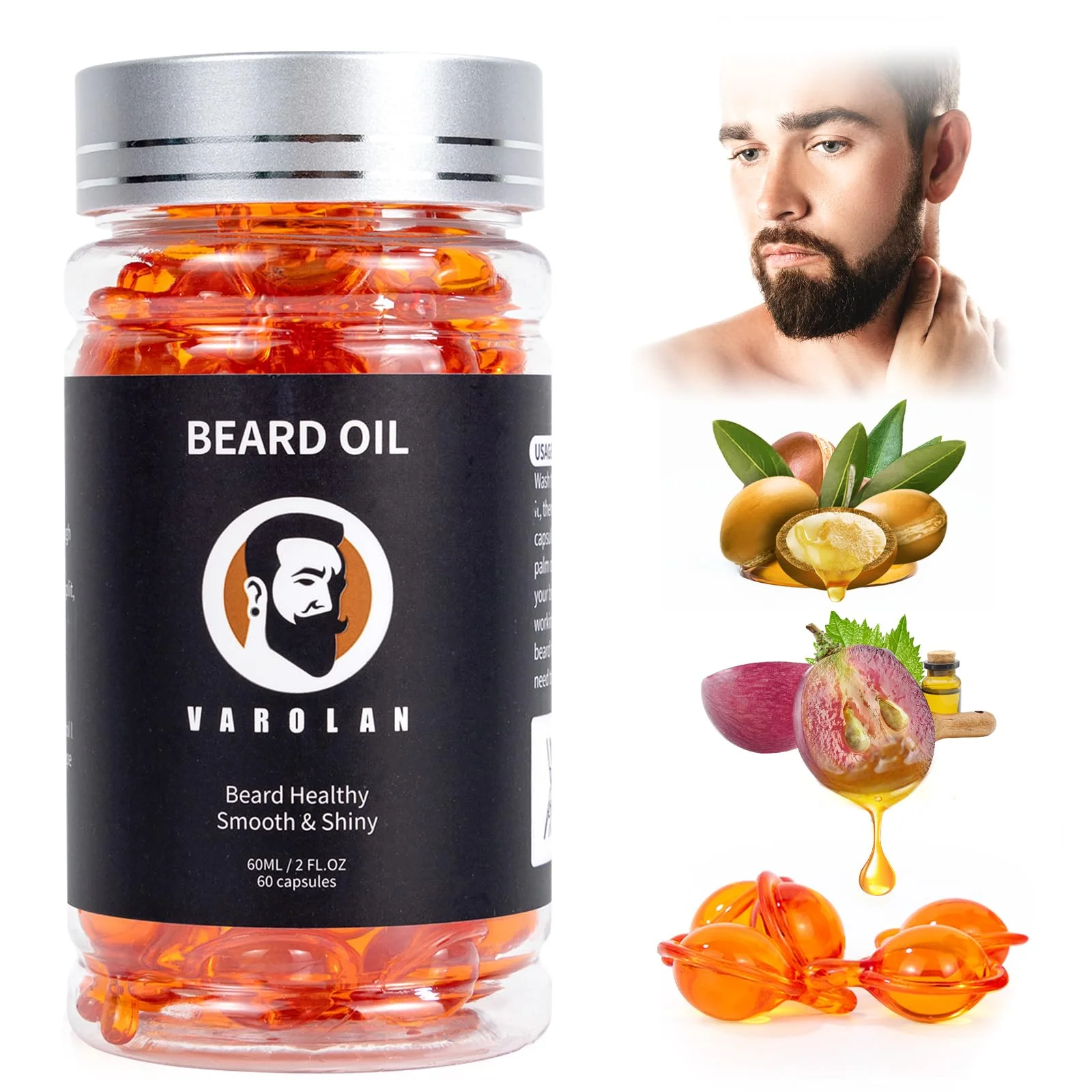 Original Varolan Beard Oil for Men Natural Mens Beard Oil Capsules Naturally Derived Conditioner with Argan Oil Grapeseed Oil Jojoba Oil and Vitamin E Powerful