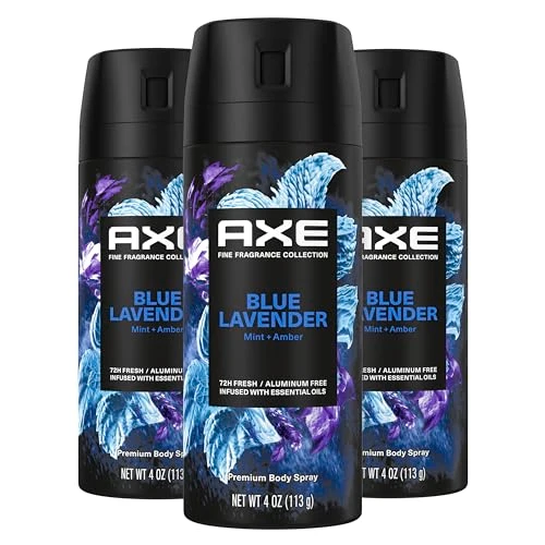 Natural AXE Fine Fragrance Collection Premium Deodorant Body Spray for Men Blue Lavender 3 Count with 72H Odor Protection and Freshness Infused with Lavender Easy-to-Use