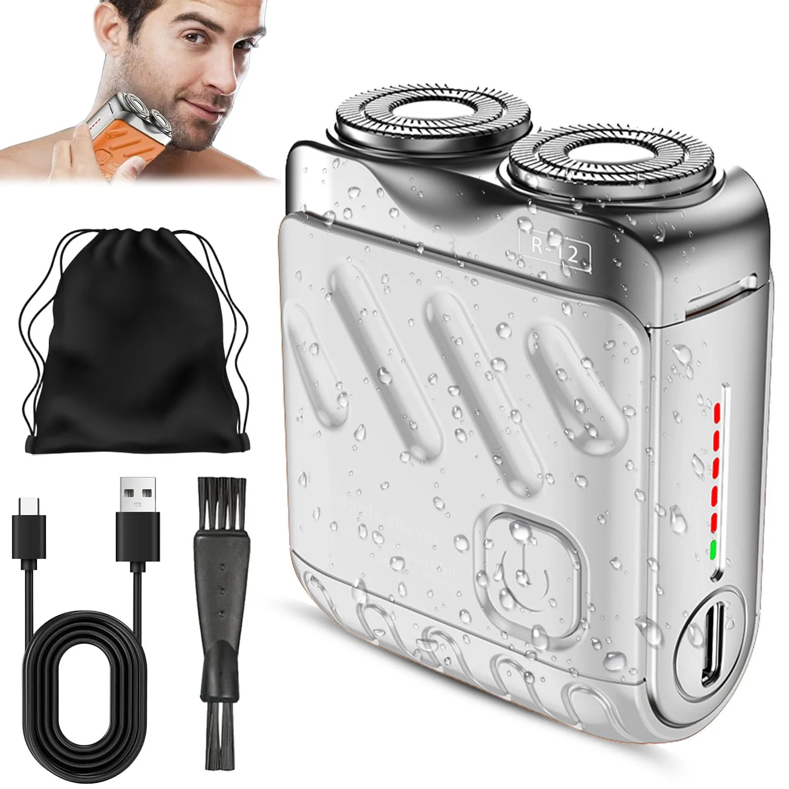 Solid Small Steel Cannon Suspended Magnetic Blade Portable Rotary Dual Ring Electric Shaver Fully Waterproof USB Rechargeable One-Button Long Lasting Superior
