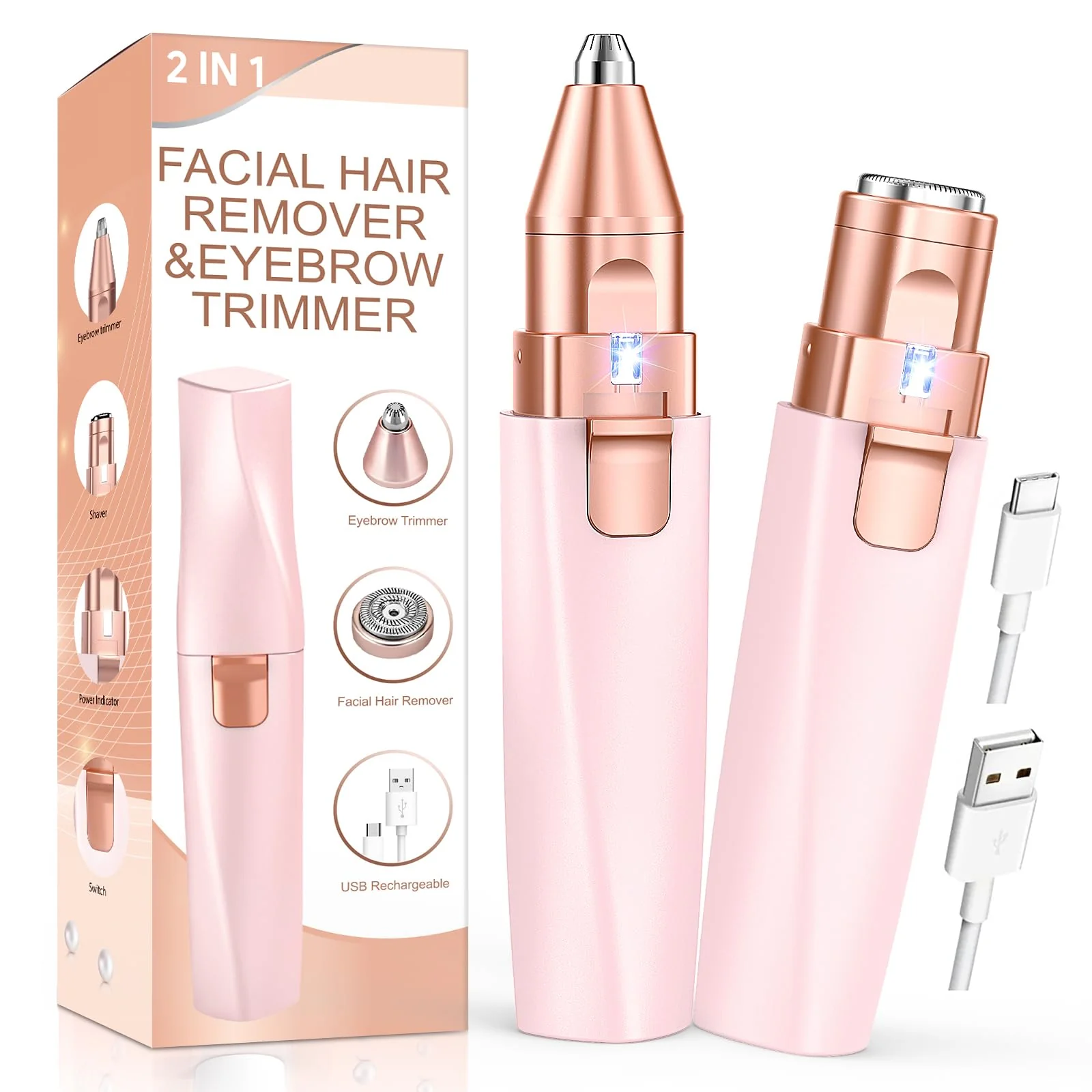 Casual Eyebrow Trimmer Facial Hair Removal for Women 2 in 1 Rechargeable Facial Hair Remover Eyebrow Razor Electric Painless Face Shaver for Women Durable