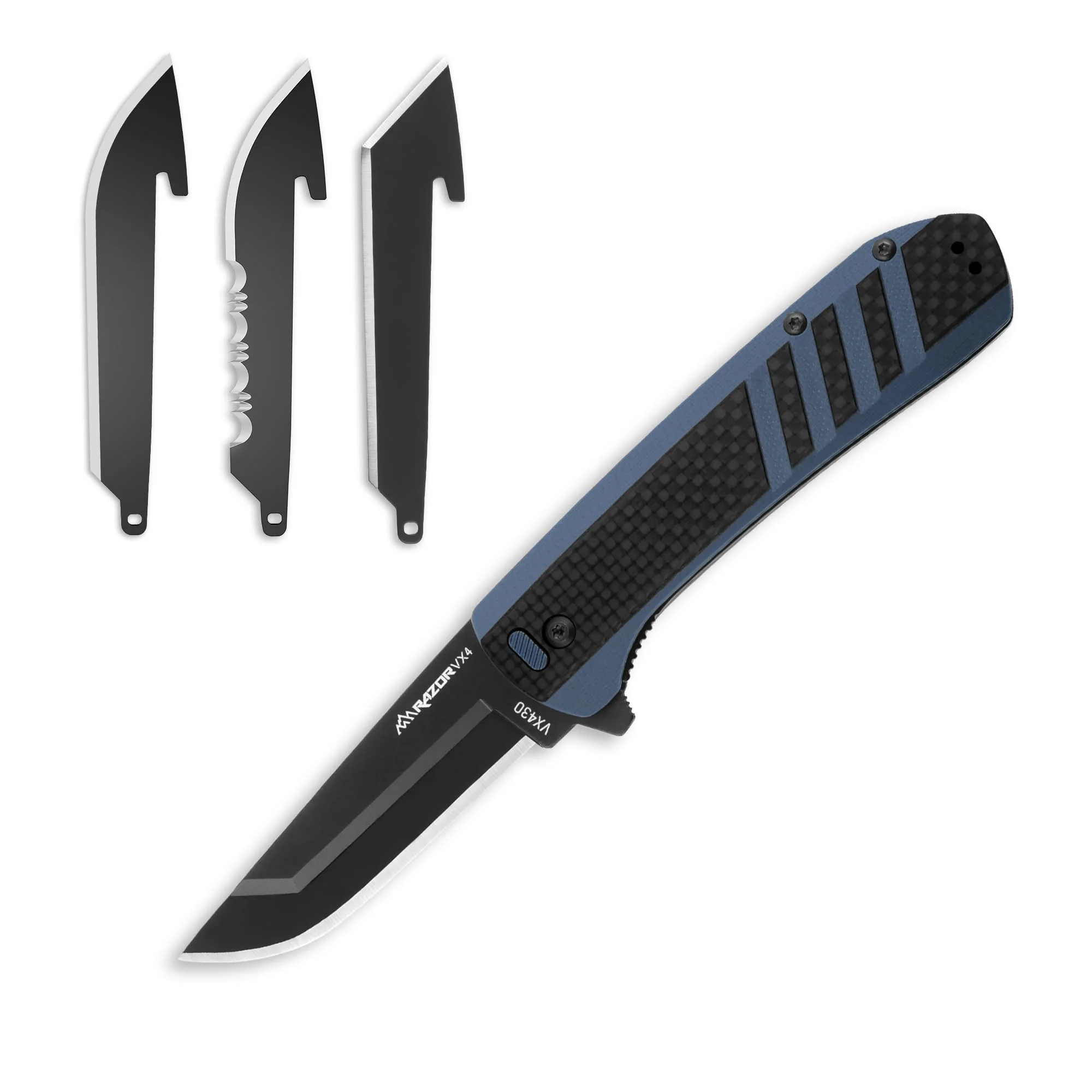 Fine Crafted OUTDOOR EDGE Razor VX4 - Carbon Fiber Over Blue G10 with Black Drop Point - Replaceable Blade EDC Folding Pocket Knife - 3 Blade Ceramic Ball Trusted