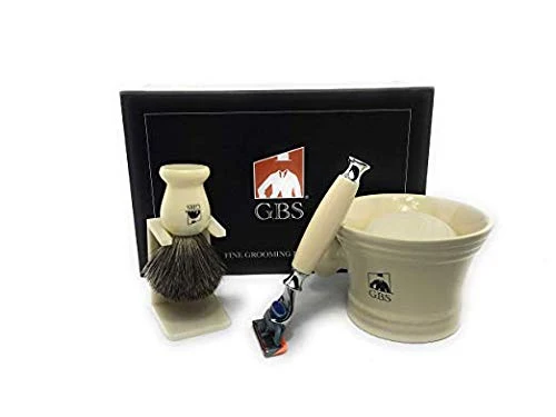 Elite G.B.S Men's Grooming Kit - 5 Blade Ivory Razor Ceramic Mug Glycerin Soap Shaving Brush Stand Includes 1 Blade Versatile