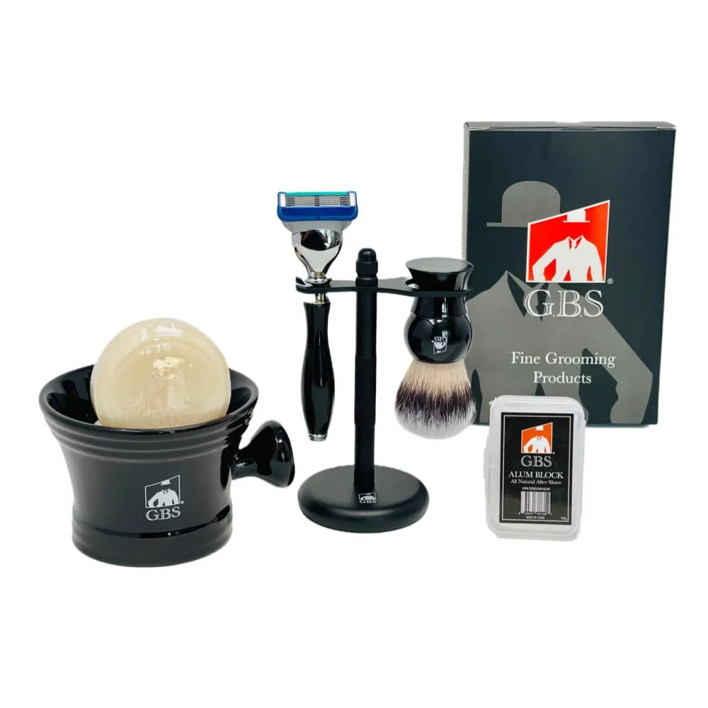 Trusted G.B.S Wet Shaving Kit Black Razor Blade Black Handle Synthetic Bristle Brush and Mug Alum Block and Soap Proven