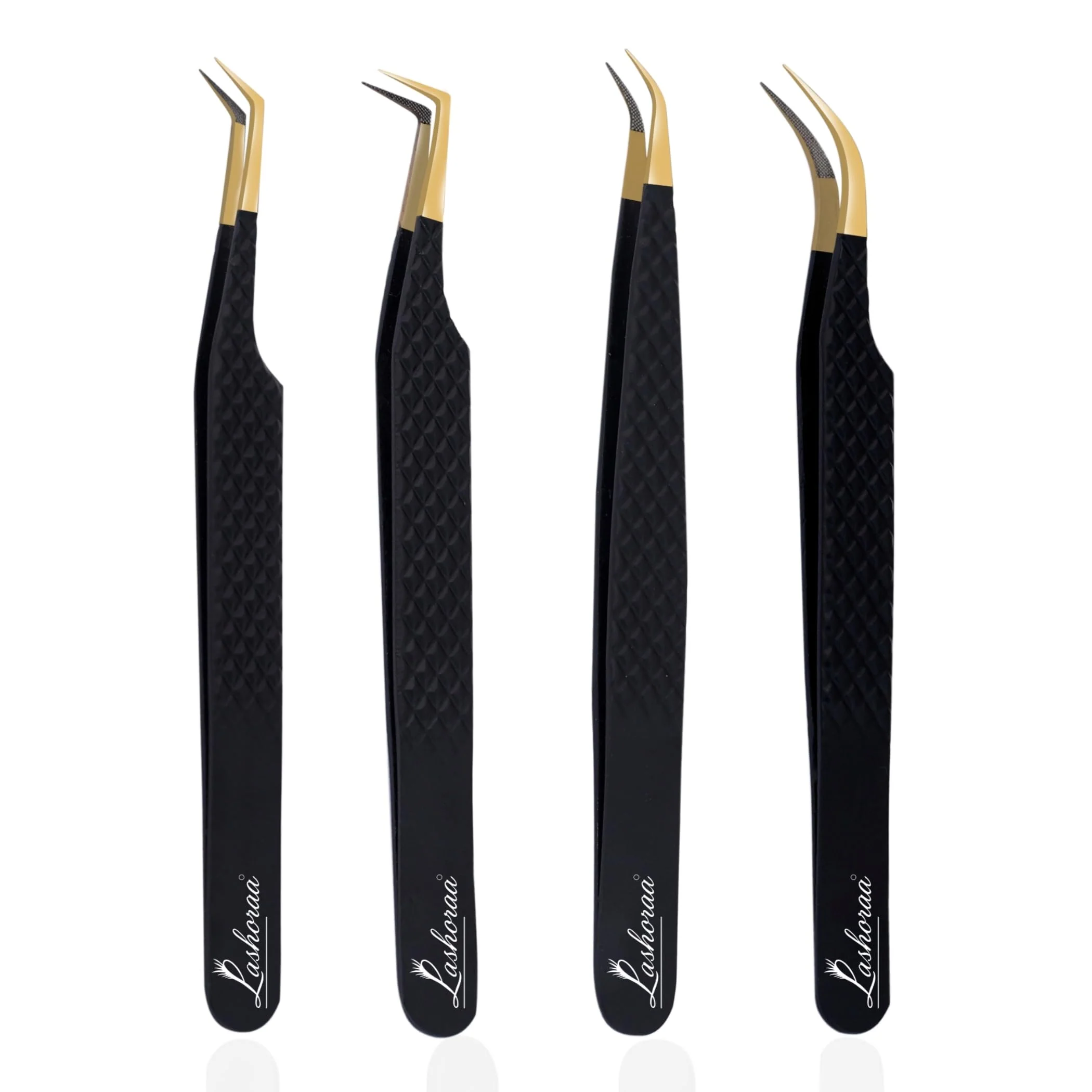 Organic LASHORAA Professional Lash Tweezers 4 Pcs- Leather Case Eyelash Tweezers Fiber Tips Diamond Grip Japanese Steel- Curved 45° Degree Angular Solid