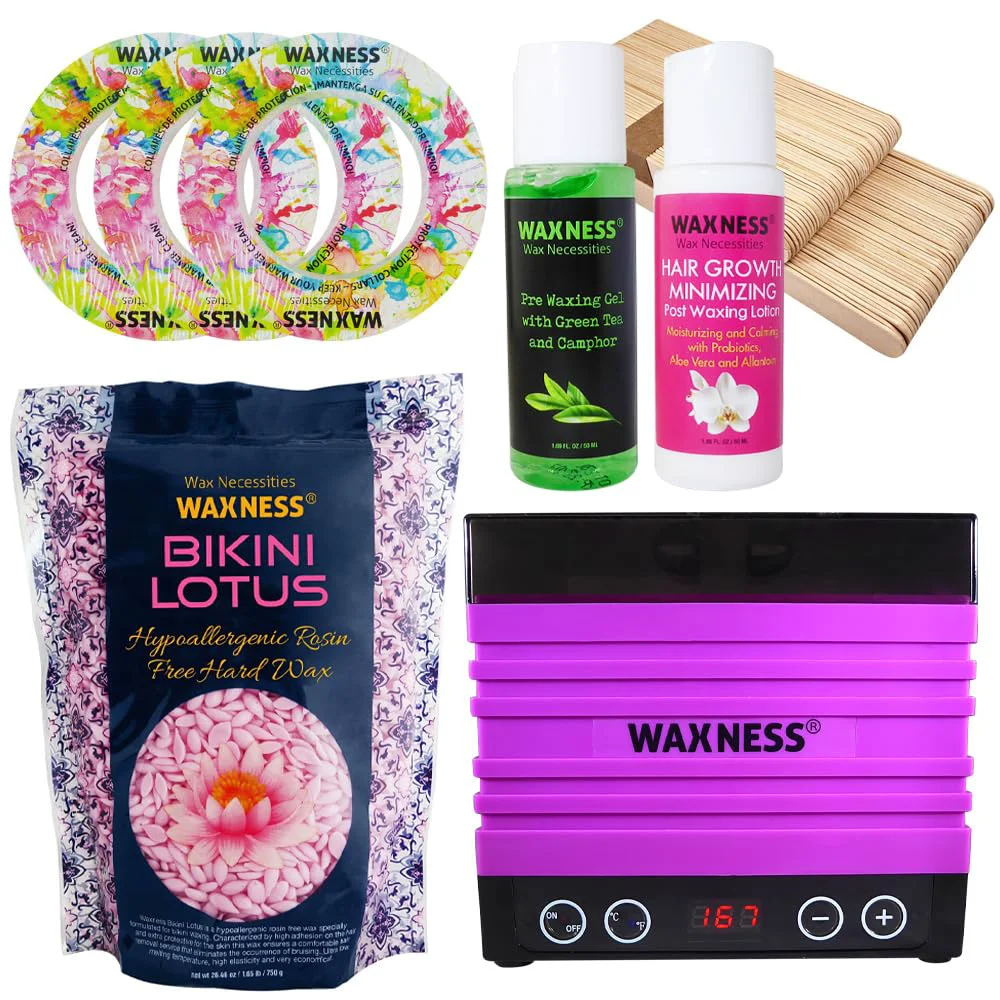 Fine Waxness Bikini Lotus Stripless Waxing Kit with W-CUBE Digital Wax Heater 1.65 lb 750 g Hard Wax Beads - Rosin- Bikini Wax for Sensitive Areas Luxury