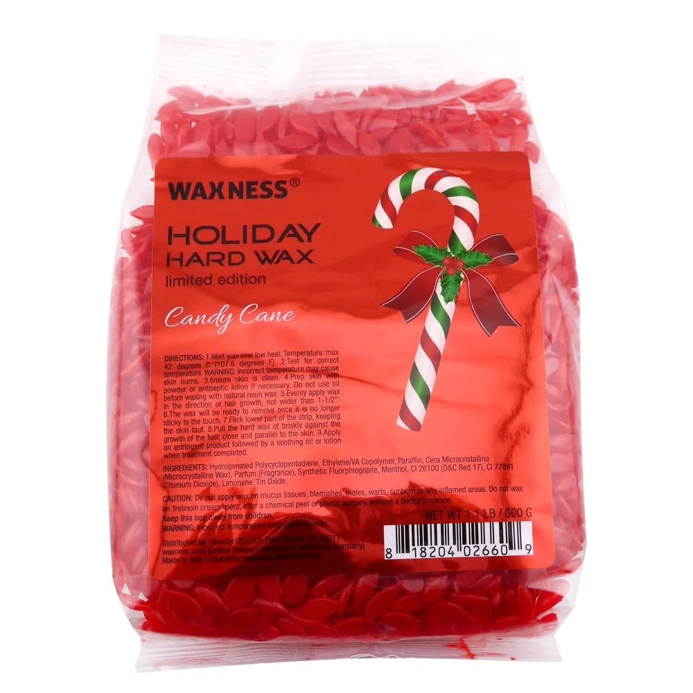 Premium Waxness Candy Cane Wax - Holiday Limited Edition 1.1 lb 500 g - Hard wax beads for hair removal - Peppermint Aroma - Synthetic formulation i Long-Lasting