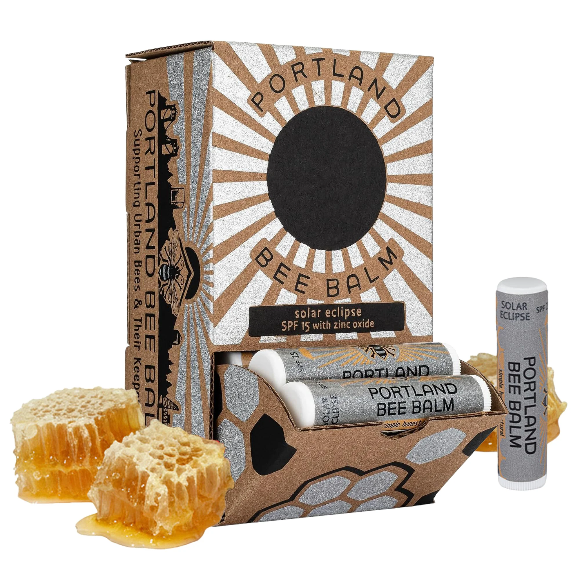 Top-Quality Portland Bee Balm Solar Eclipse All Natural Handmade Beeswax Based SPF 15 Lip Balm 24 Count Breathable