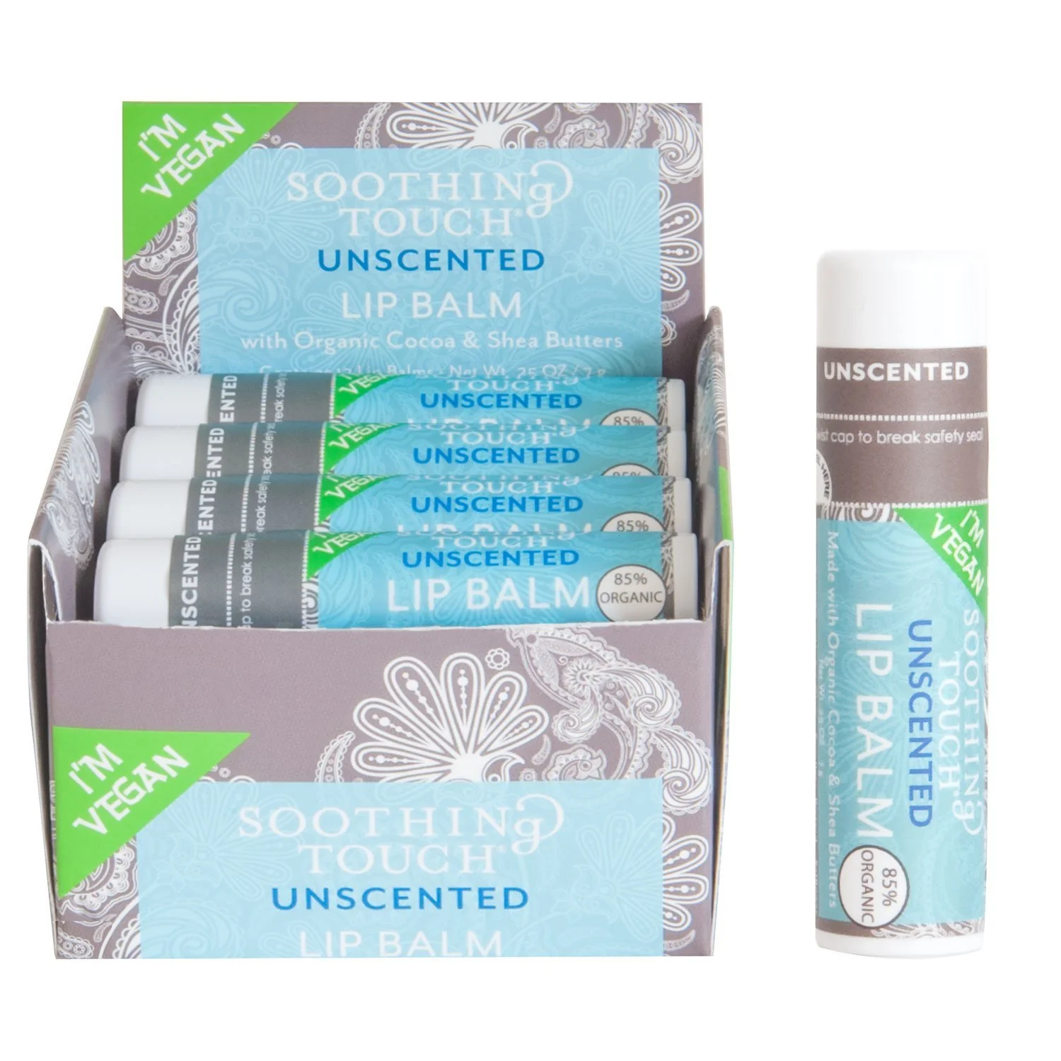 Luxury Soothing Touch Unscented Vegan Lip Balm 0.25 Ounce - 12 per case. Fine