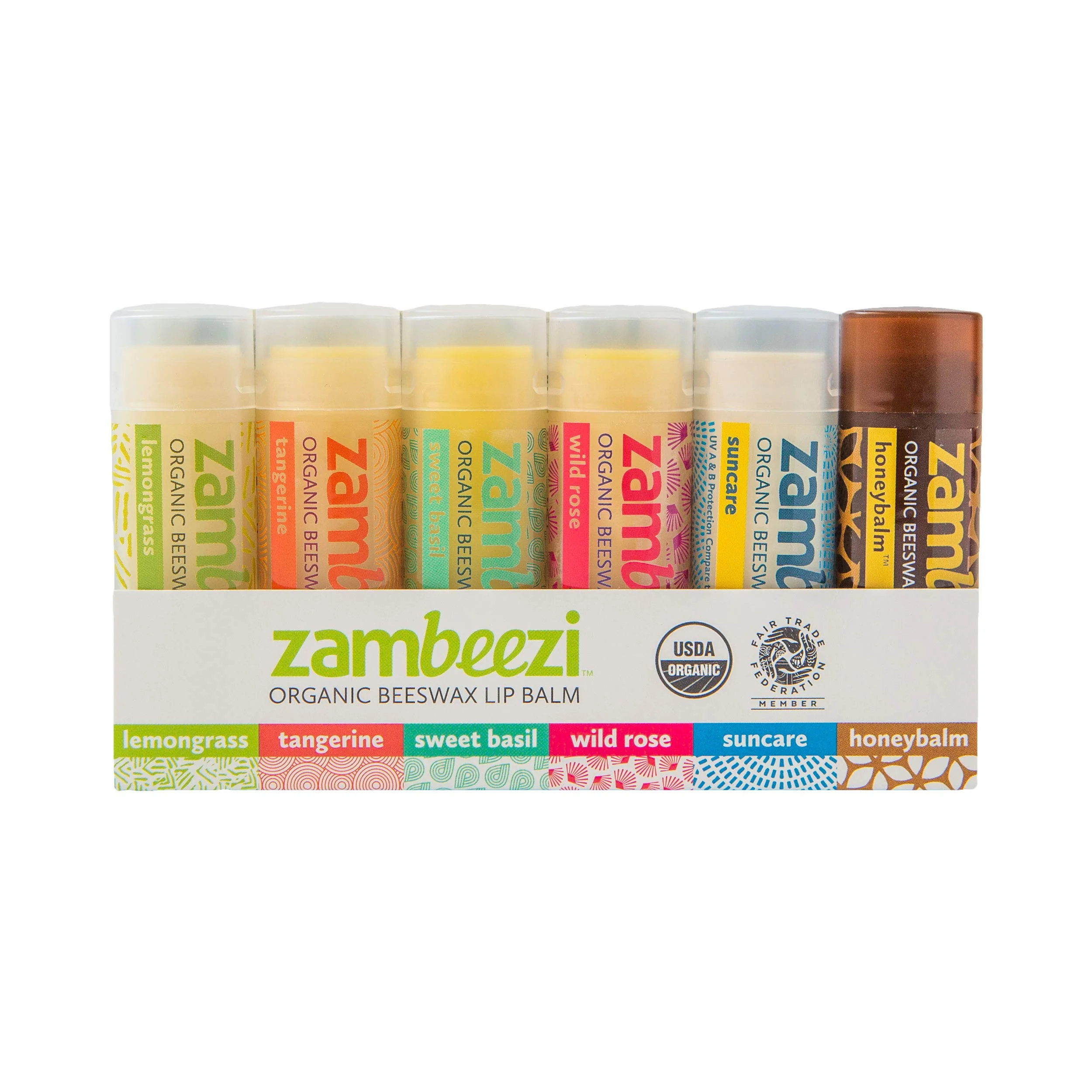 Trusted ZAMBEEZI Fair Trade Organic Beeswax Lip Balm - Variety 6 Pack Lemongrass Tangerine Wild Rose Sweet Basil Suncare and Honeybalm - Ethically Durable
