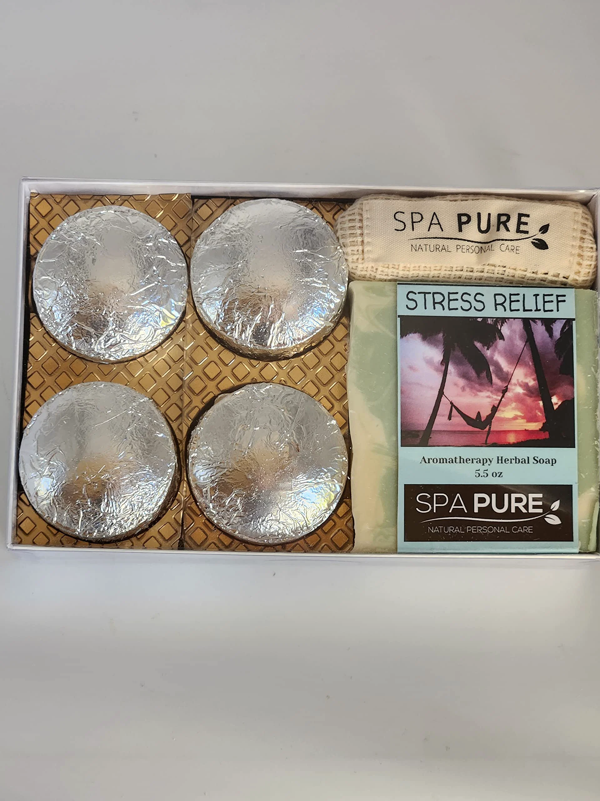 Smart Spa Pure Aromatherapy Gift Set - Stress Relief Artisan Soap 4 Shower Steamers - Made with Plant Based Ingredients - Cotton Shower Bag Soap Bag Functional
