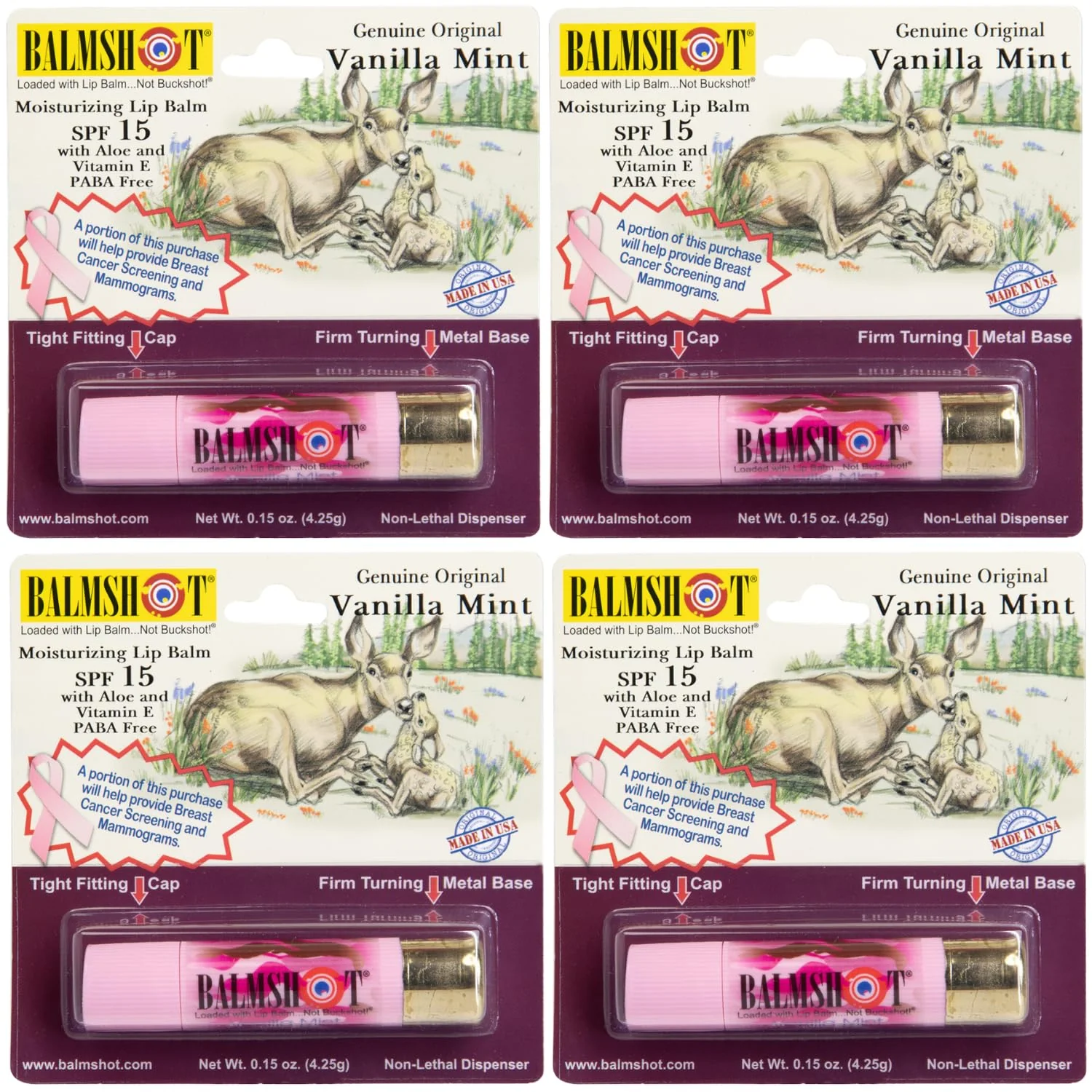 Exceptional BALMSHOT Camo Vanilla Mint Lip Balm SPF 15 4-Pack - Beeswax Chapstick in 20-Gauge Brass Shotgun Shell Tube Outdoor Lip Protector for Hunting Original