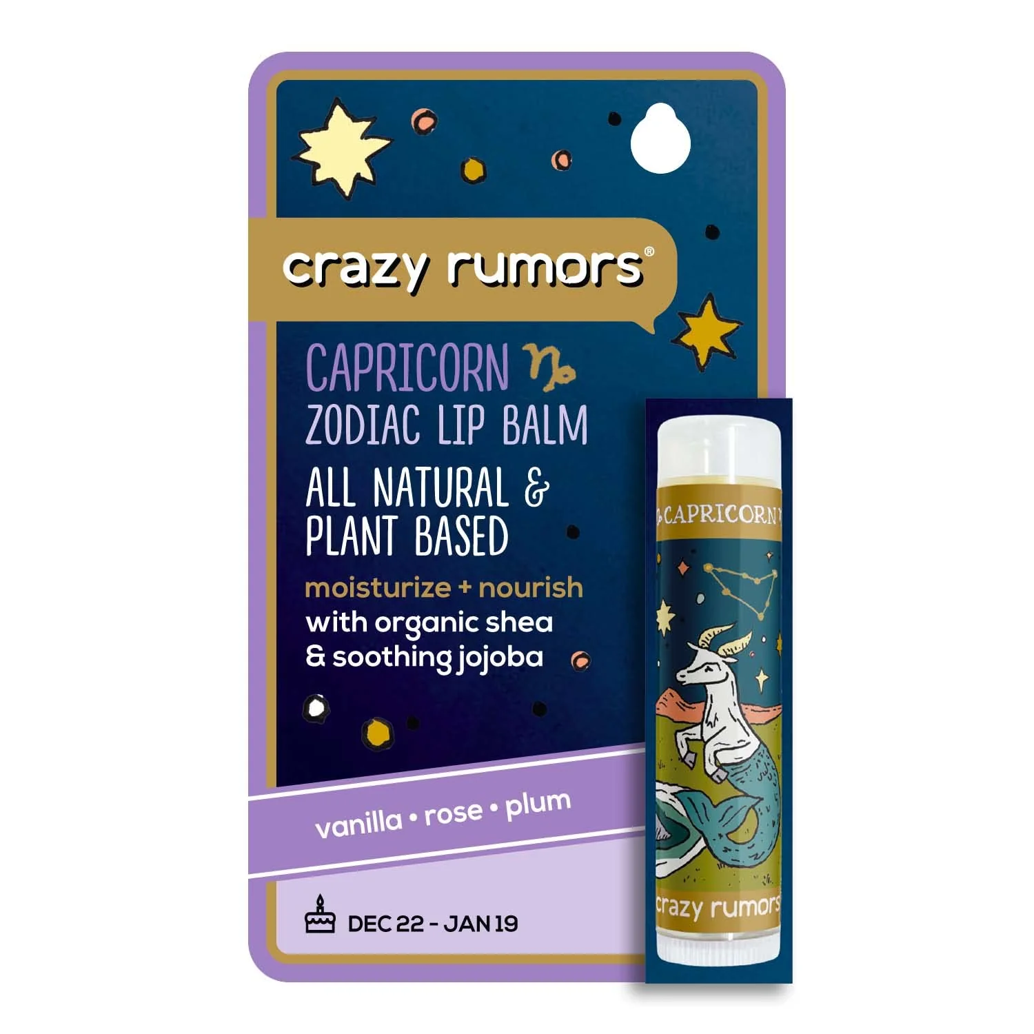 Smart Crazy Rumors Capricorn Zodiac All Natural Plant Based Lip Balm to Moisturize and Nourish your Lips - Earth Blend Sweet Vanilla Fragrant Rose High-Performance