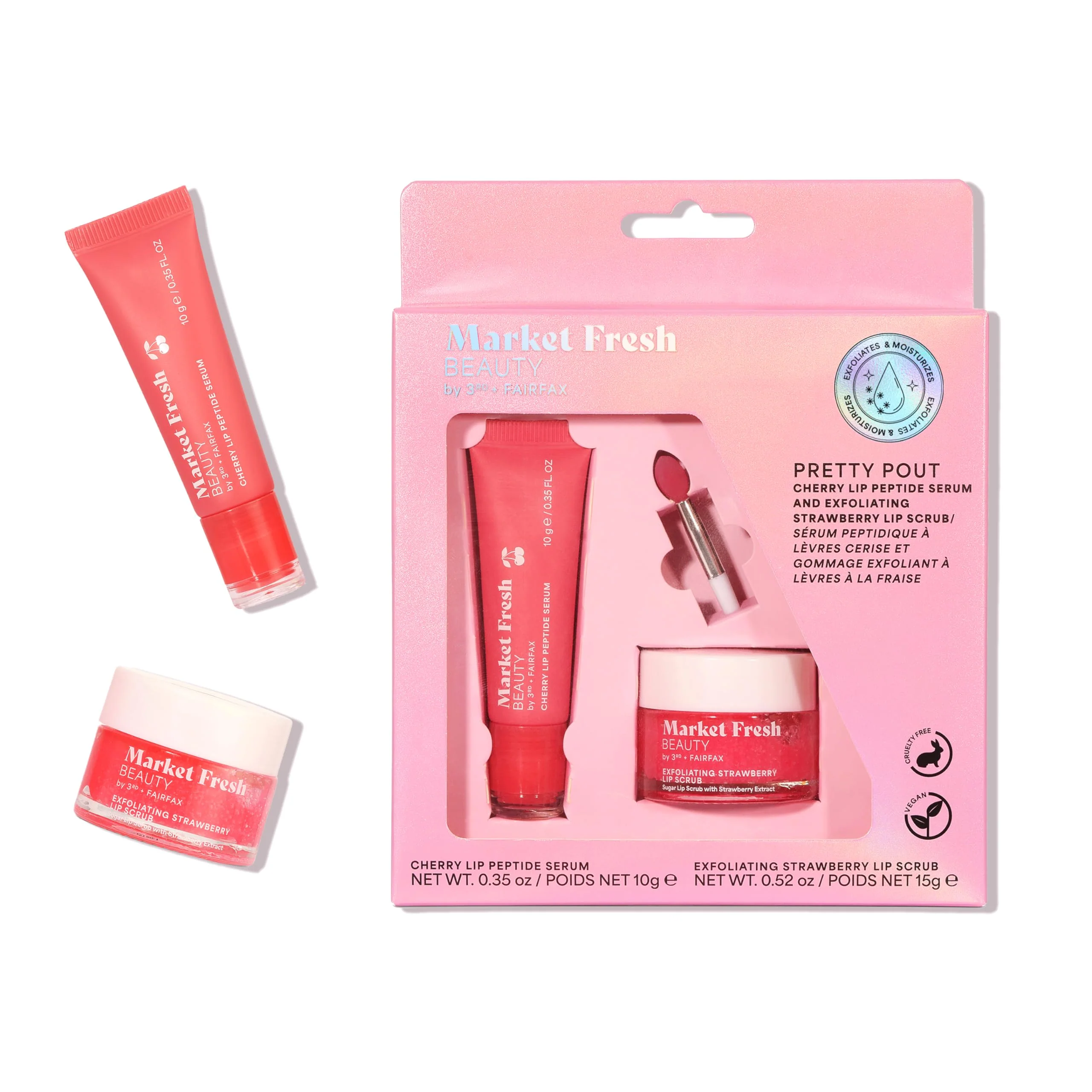 Durable Market Fresh Beauty Lip Peptide Treatment - with Exfoliating Strawberry Scrub and Cherry Serum - for Hydrating Plumping Clean Beauty Lip Care Powerful