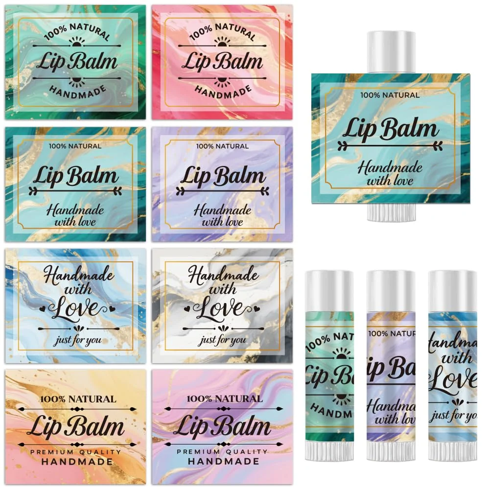 Environmentally Friendly Peacoblue 160Pcs Lip Balm Labels Sticker for Tubes 2.1 x1.7 Gold Marble Texture 8 Styles Waterproof Chapstick Labels Glossy for Homemade Lip Balm Premium Material