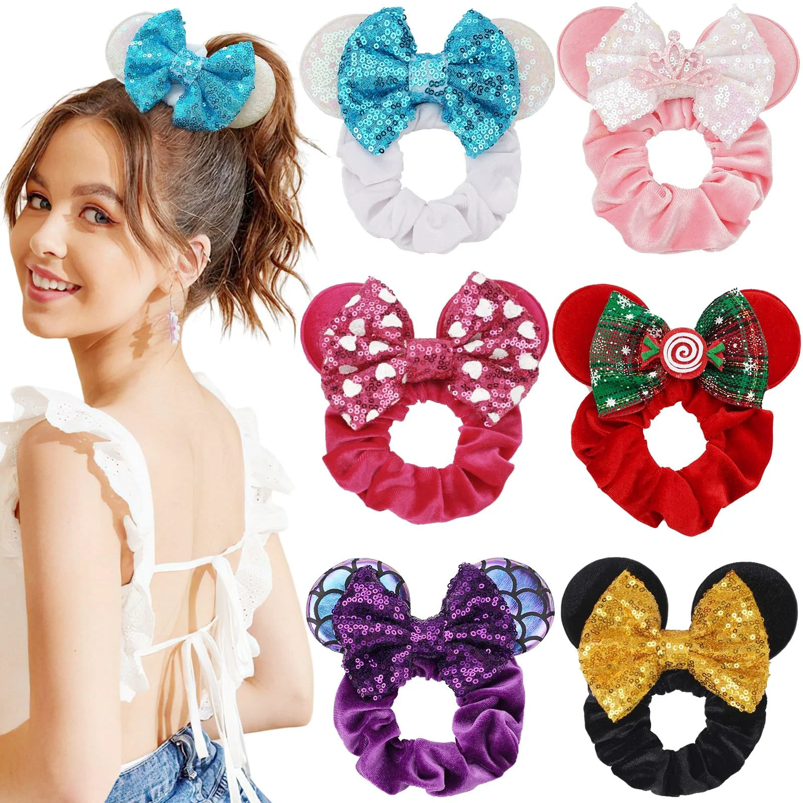 Effective 6 Pack Mouse Ears Scrunchies Velvet Sparkle Sequin Bows Hair Scrunchies Hair Ties Elastic Rubber Bands Christmas Ponytail Holders for Kids Women Girls Soft