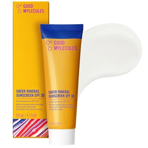 Green Good Molecules Sheer Mineral Sunscreen SPF 30 - Minimal White Cast Zinc Oxide Sunscreen For Face - Hydrating Hyaluronic Acid UVA UVB Protection Next-Generation