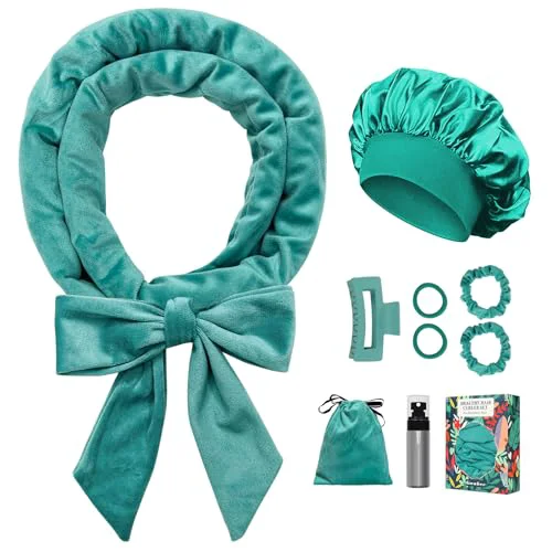 Selected Gwabee No Heat Overnight Curl Headband 70 Soft Ribbon Wrap for Long Hair 9 PCS Hair Curling Rods Set - Blue Green Lightweight