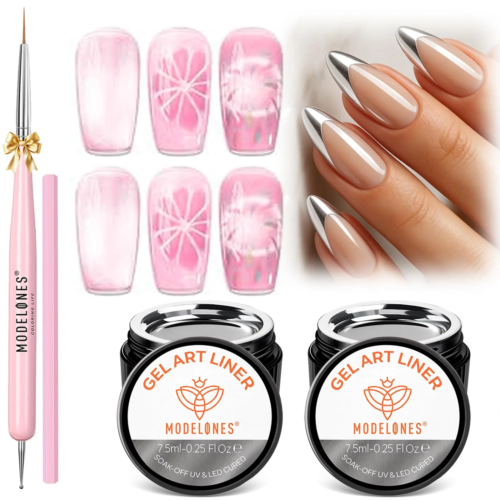Elite modelones Silver Gel Nail Polish Metallic Nail Polish Soak Off Nail Lamp Acid Metallic Liner False Nails Gel Detailed Manicure LED Cured at Home Authentic