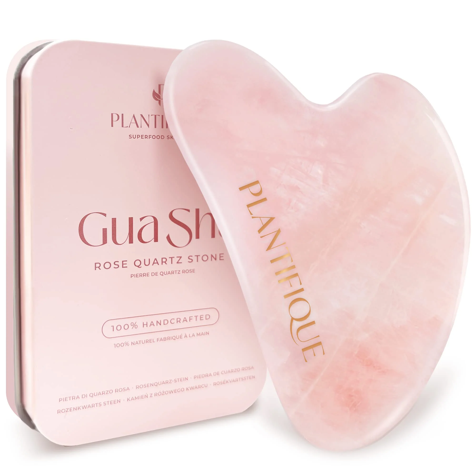 Premium PLANTIFIQUE Rose Quartz Gua Sha Tool - Anti-Aging Face Massager Jawline Shaper for Skincare Routine - Facial Massage Skin Care Gift Stylish