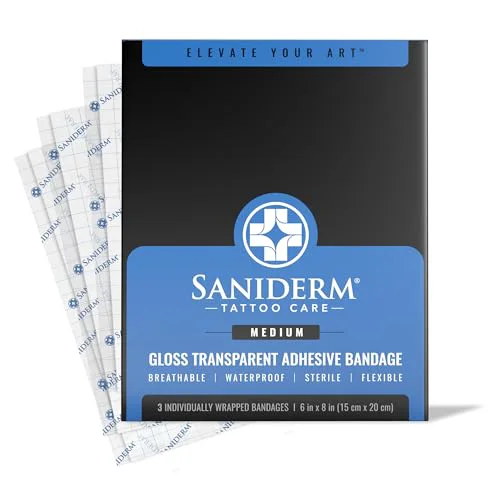 Carefully Designed Saniderm Tattoo Aftercare Bandage 3 Sheets Medium Pack 6 in x 8 in - Convenient Faster Tattoo Healing and Protection - Sterile Waterproof Stylish