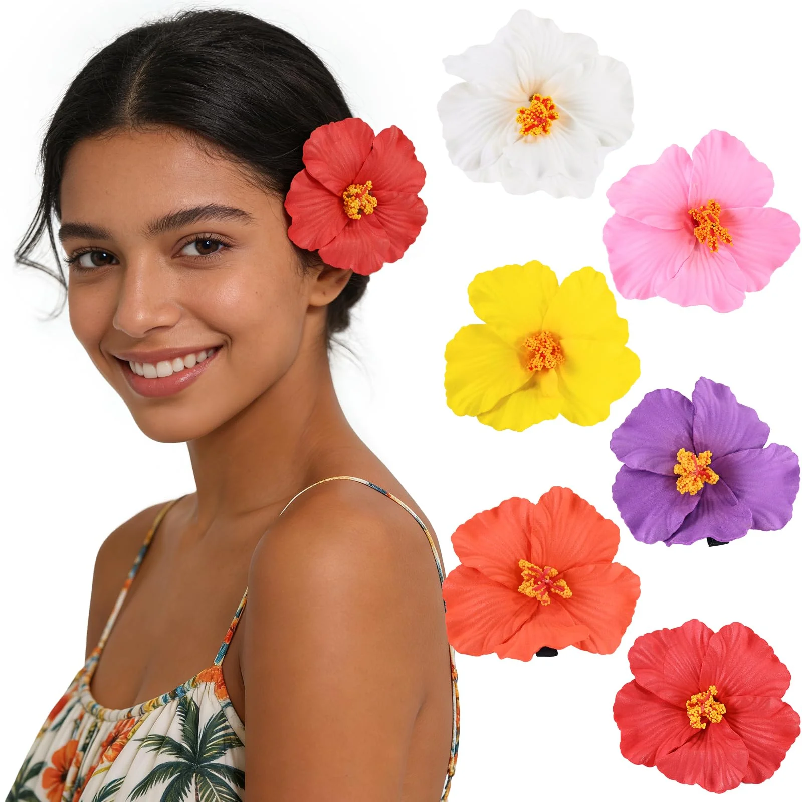 Detailed 6 pcs Hawaiian Flower Hair Clips for Women Hibiscus Hair Clips Artificial Flower Clips Boho Hair Accessories for Vacation Beach Party - Hibiscus High-End