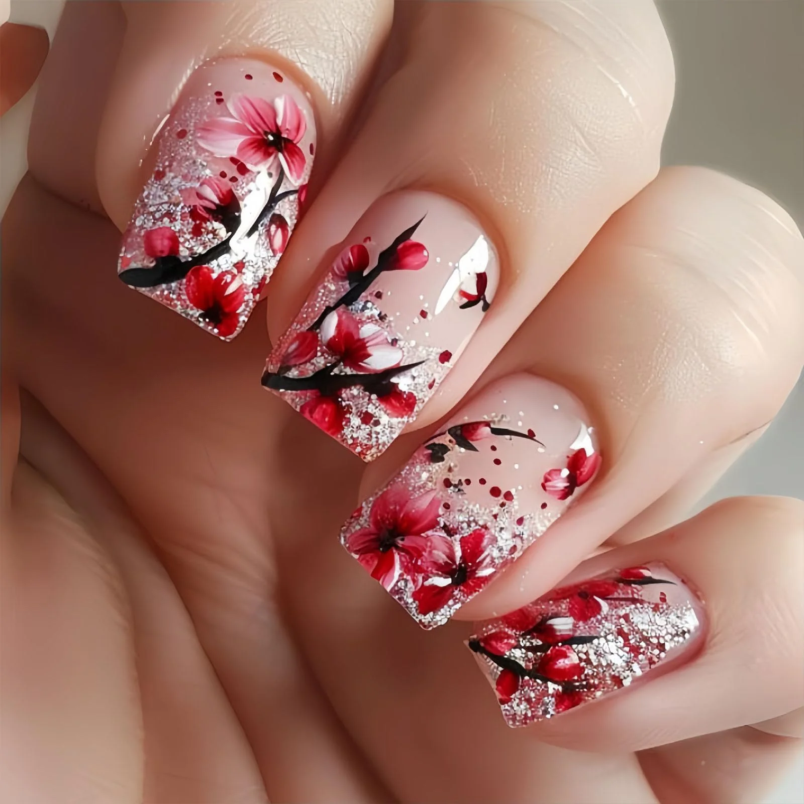 Optimized Medium Press on Nails Square Acrylic Nails Press ons Pink Full Cover Fake Nails with Plum Blossom Design Snow Glue on Nails Glossy False Nails Winter Smooth