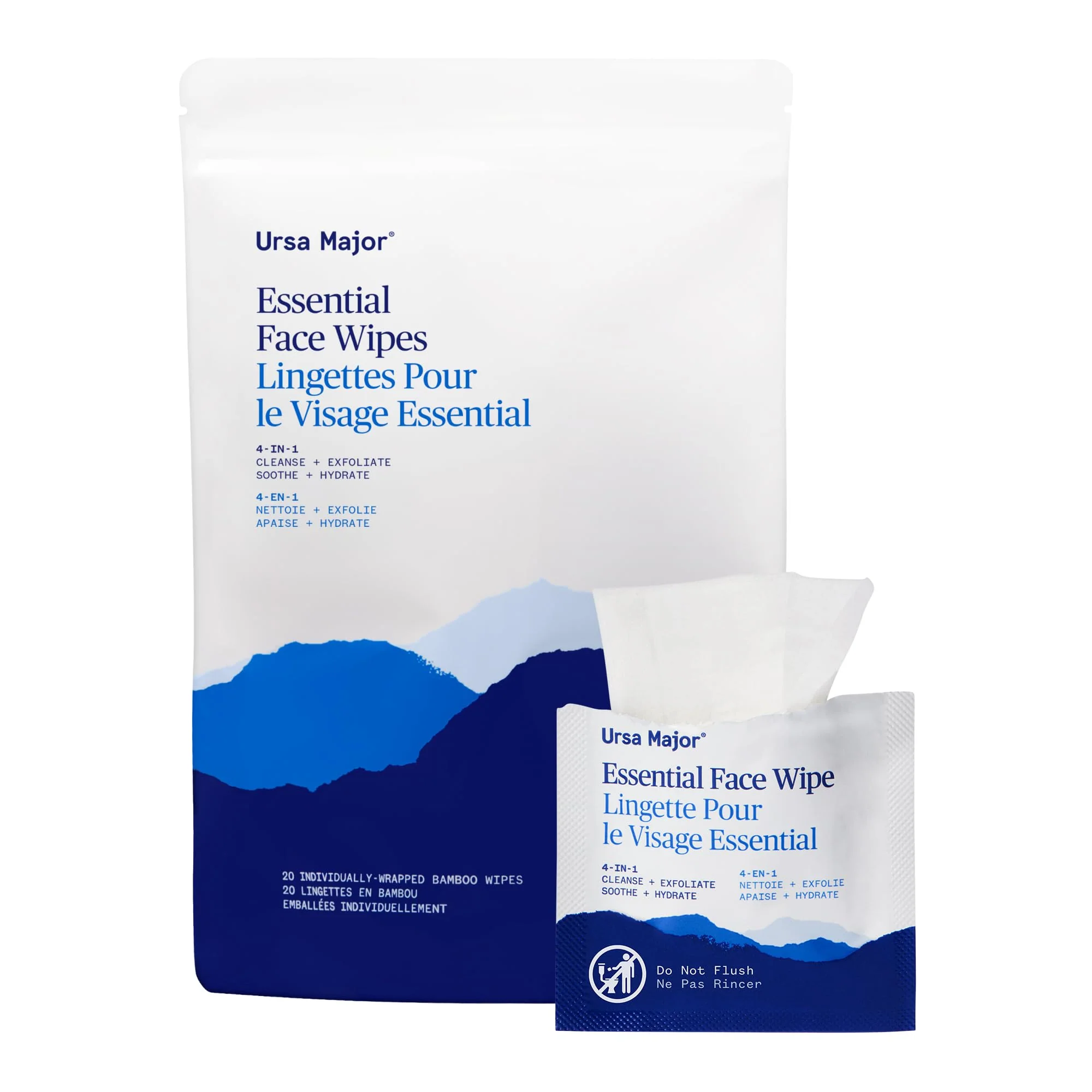 Smooth Ursa Major Essential Face Wipes Natural Biodegradable Cruelty- Cleanse Exfoliate Soothe and Hydrate Individually Wrapped 20 Count Crafted