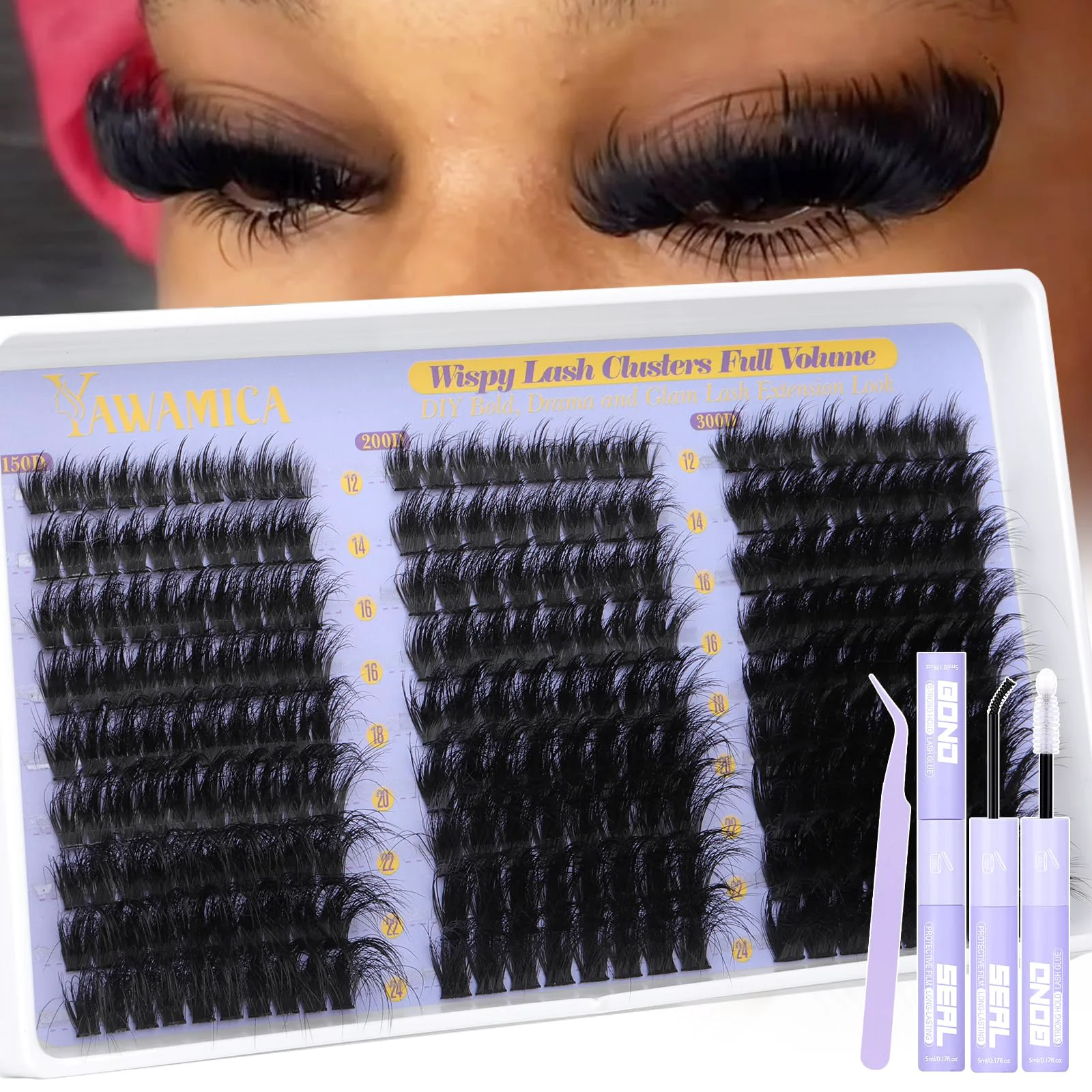 Traditional Fluffy Lash Clusters Kit 150D 200D 300D Thick Volume Cluster Eyelash Extensions 12-25mm Dramatic Long Eyelash Clusters Kit Wispy D Curl Cluster Lashes Comfortable