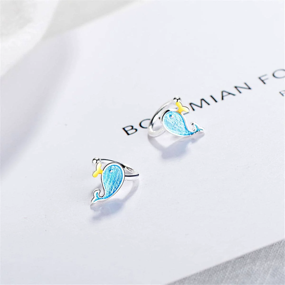 Clean Blue Enamel Silvertone Whale Stud Earrings Practical