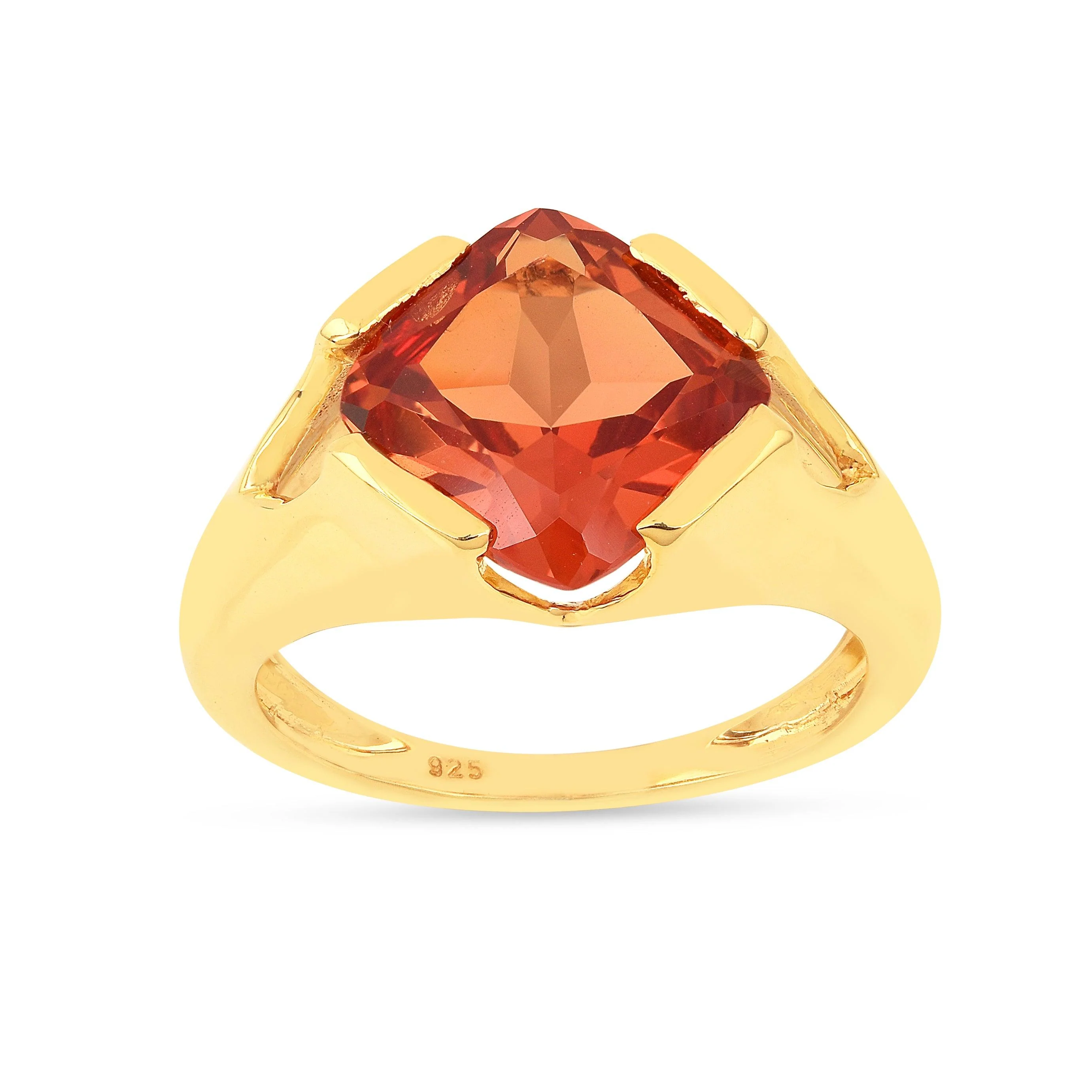 Stylish 4.24 Ct Square Orange Lab Grown Padparadscha Sapphire Prong 18K Yellow Gold Plated Silver Solitaire Ring Long-Lasting