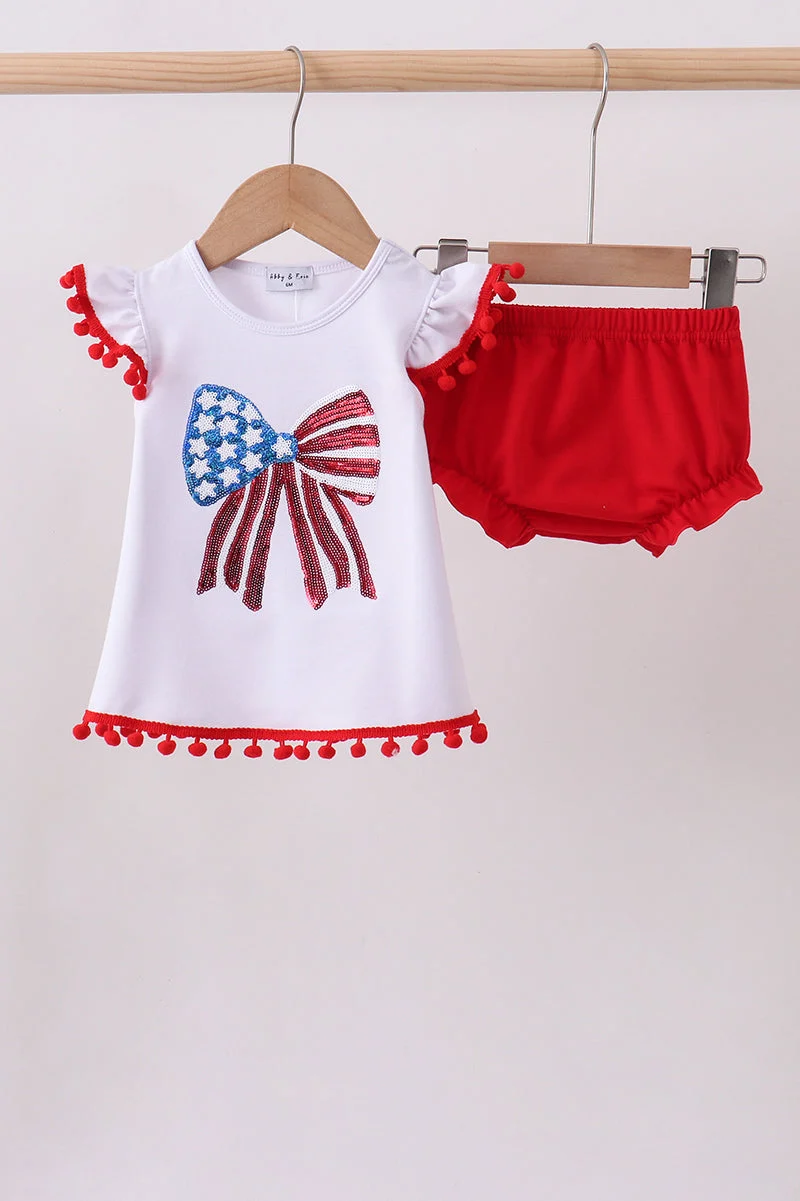 Unique White bow sequin bloomer set Smooth