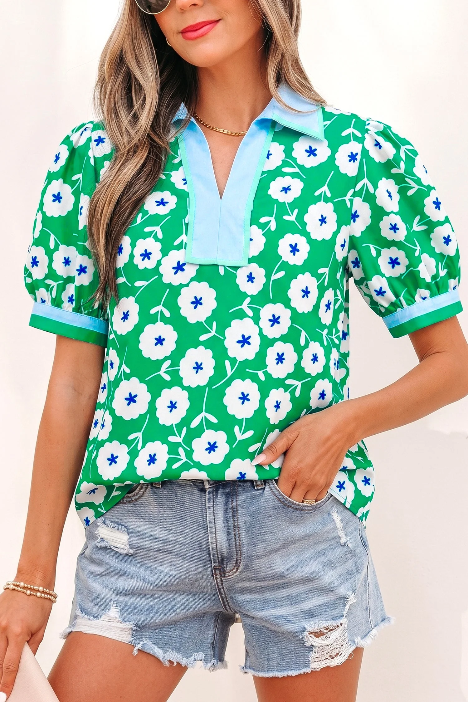 Convenient Threaded Pear Antonella Collar Short Sleeve Blouse Verified