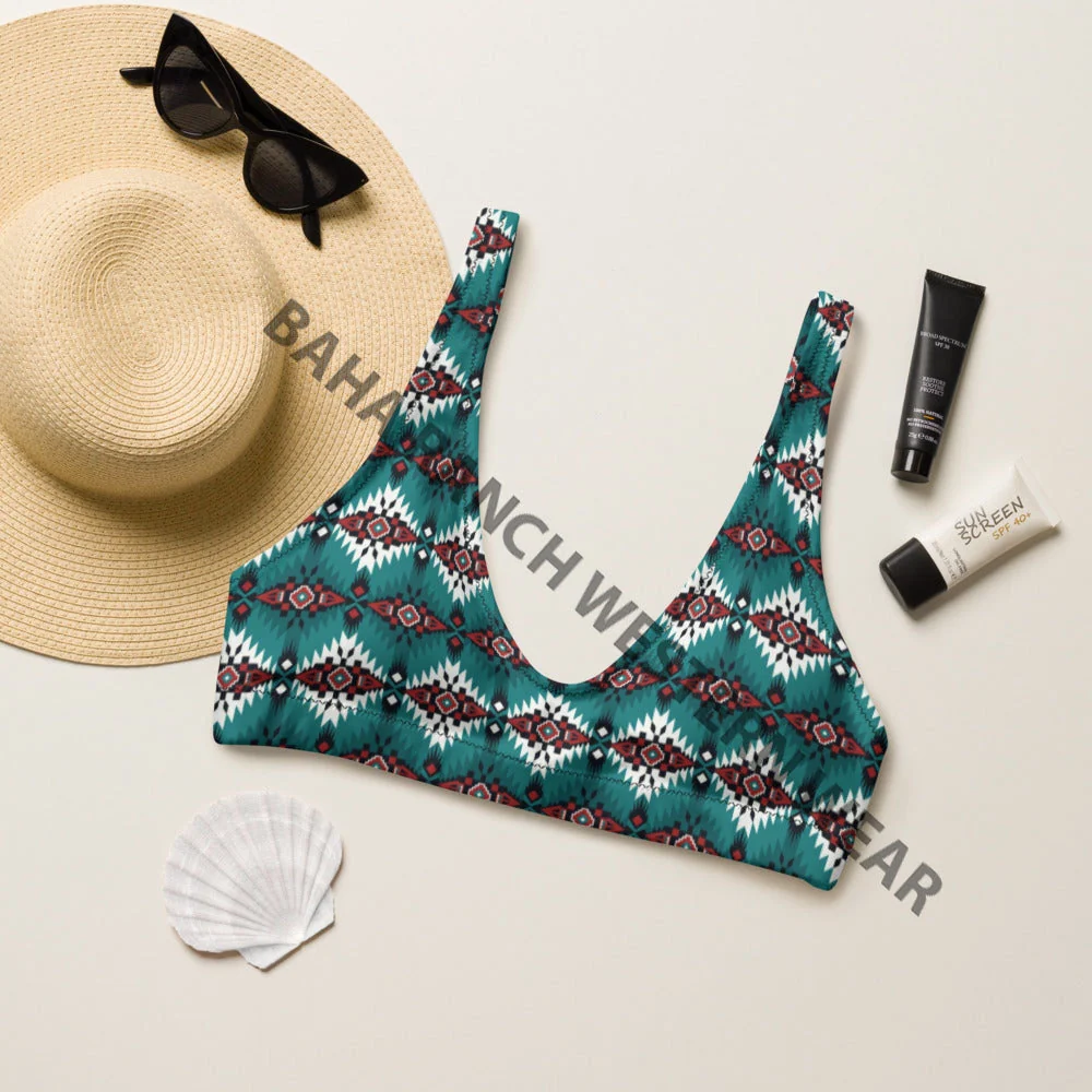 Casual Baha Ranch Yeehaw Teal Burgandy Bikini Top High-End
