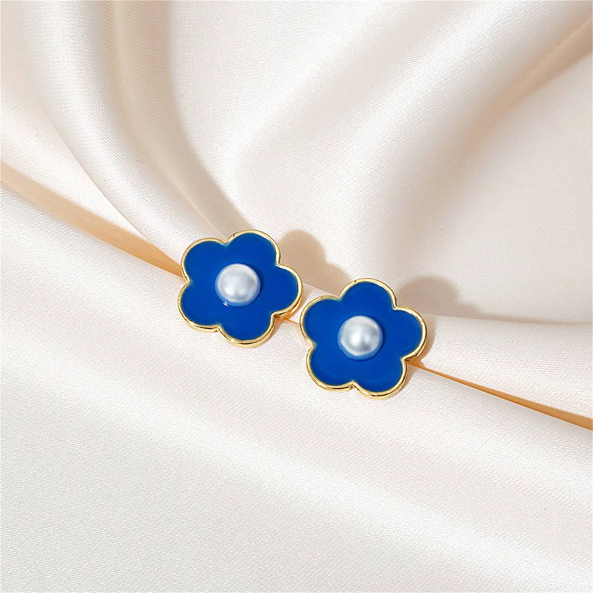Authentic Pearl Blue Flower Stud Earrings Premium Material