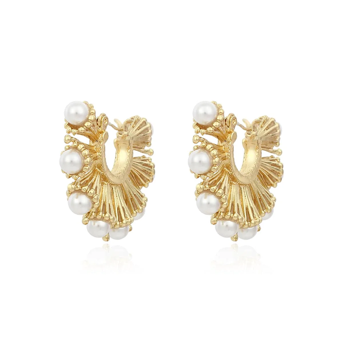 Top-Quality Pearl Goldtone Fan Hoop Earrings World-Class