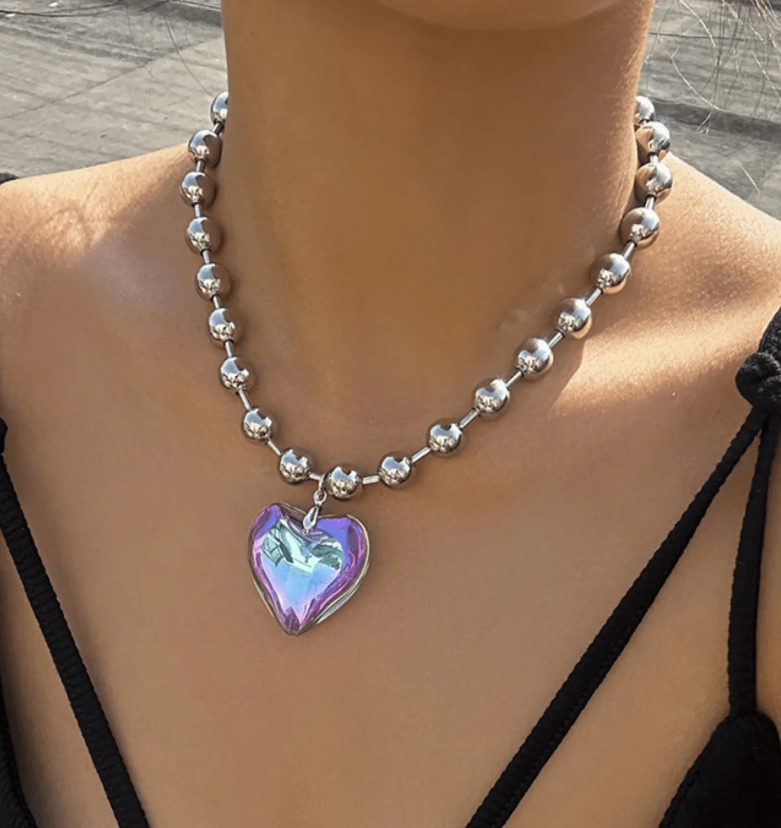 Contemporary Silvertone Iridescent Heart Ball Chain Necklace Safe