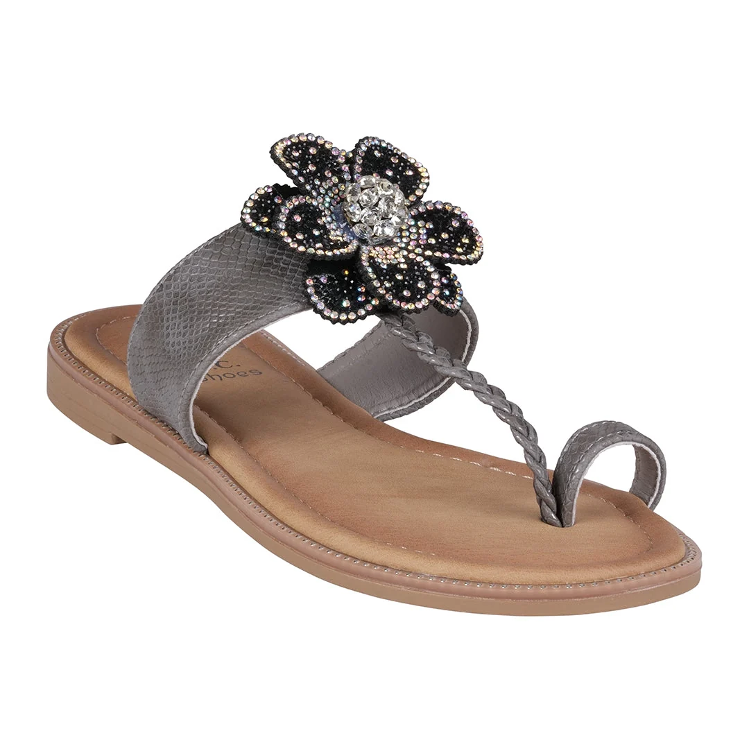 Dependable Women's Blossom Black Embellished Flower Toe Ring Flat Sandals Official