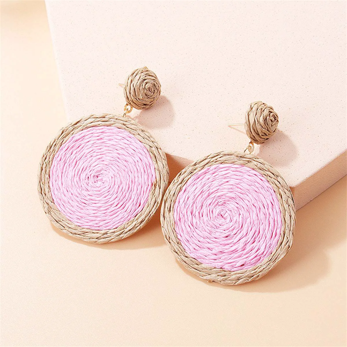Top-Quality Pink Beige Raffia Round Drop Earrings Exceptional
