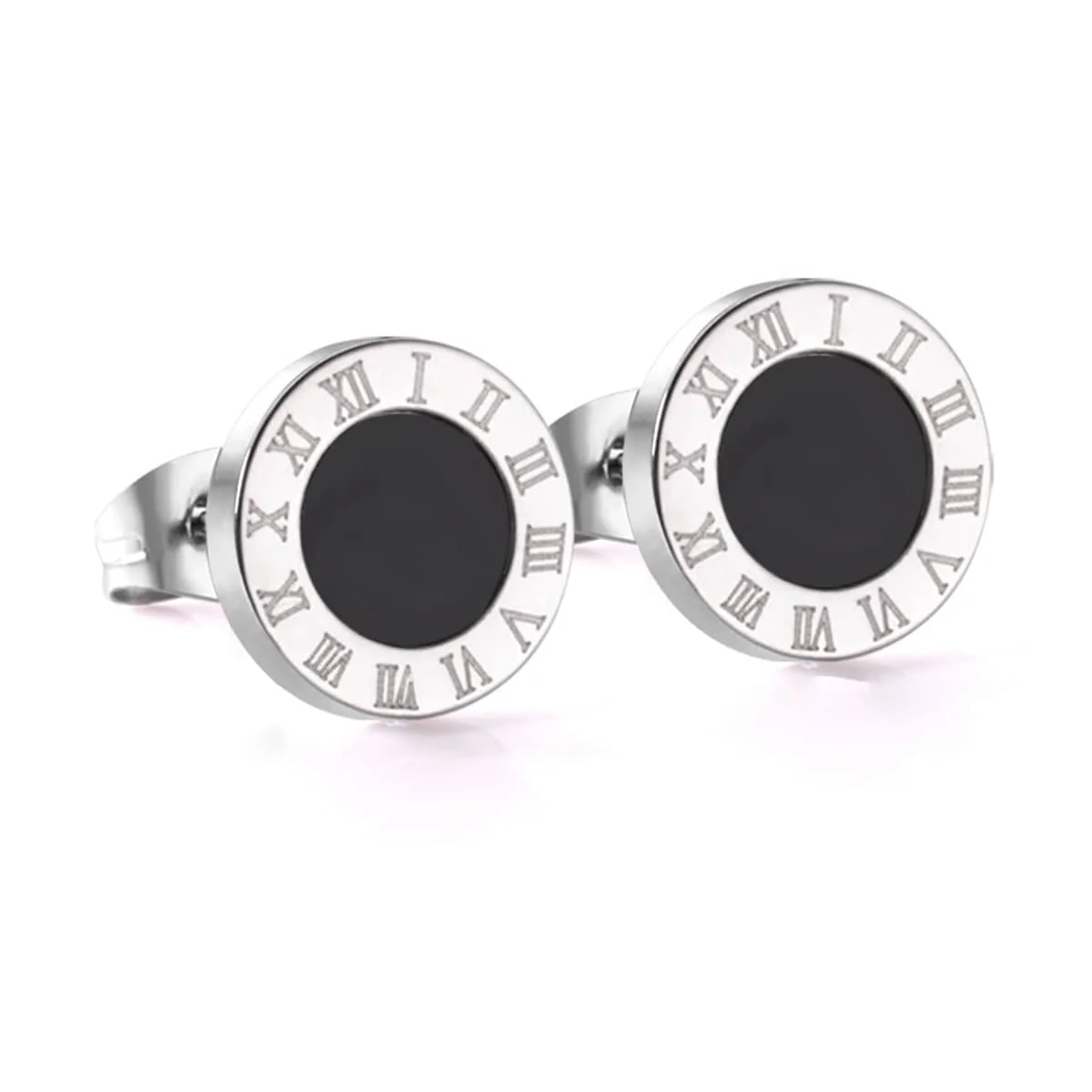 Breathable Black Acrylic Silvertone Roman Numeral Stud Earrings Excellent