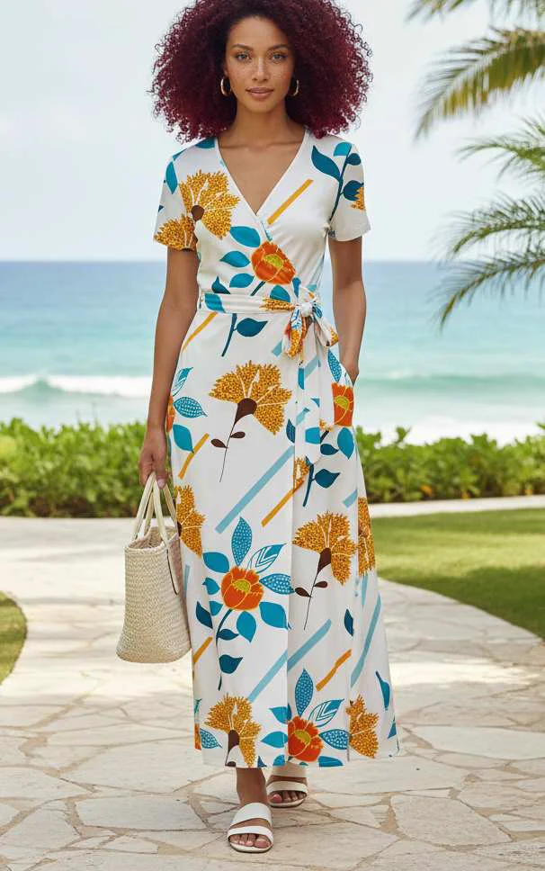Quality Lily by Firmiana Women s Short Sleeve Maxi Dress Women s Apparel 1XL White Orange Floral Print Sustainable