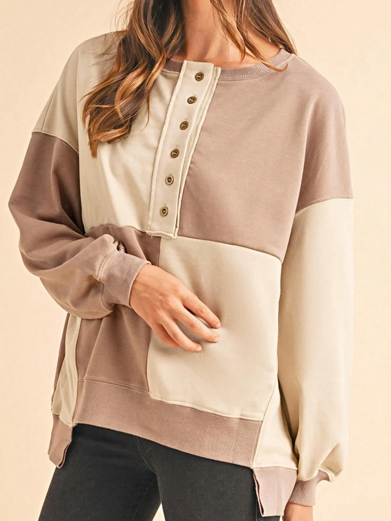 Consistent Boho Retro Vintage 90's Pink Vanilla Beige Drop Shoulder Oversized Henry Puff Bishop Sleeve Top Sweat Shirt Pullover Versatile