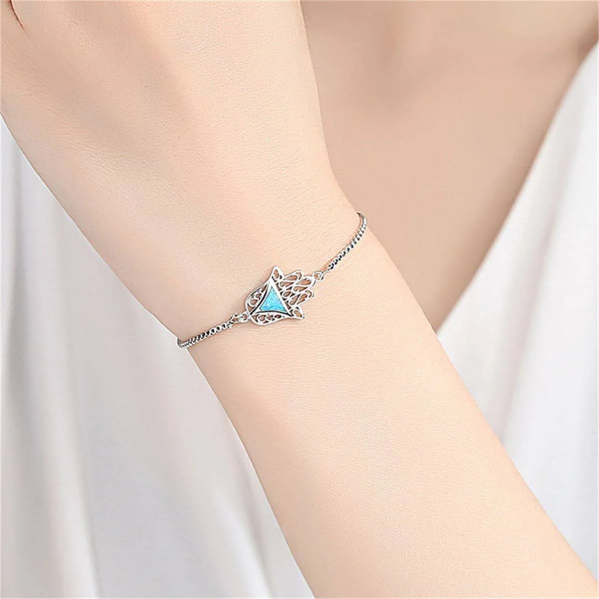 Consistent Blue Opal Silvertone Palm Adjustable Bracelet Unique