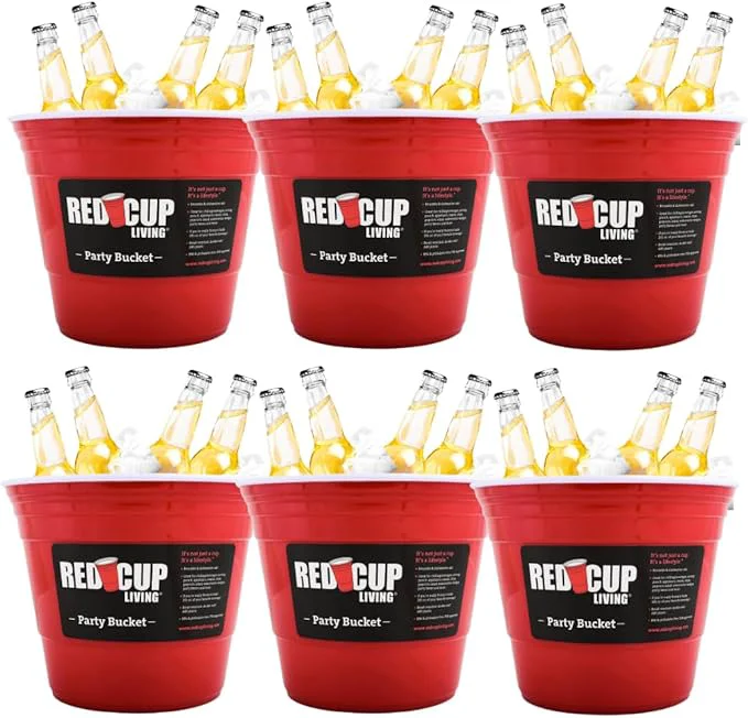 Fast Reusable Red Plastic Ice Bucket for Parties Set of 6 - Large Beverage Tub Wine Cooler Beer Bucket Drink Holder for Indoor Outdoor Bars Galvanized Tubs Father's Day Party Celebration Unbreakable User-Friendly