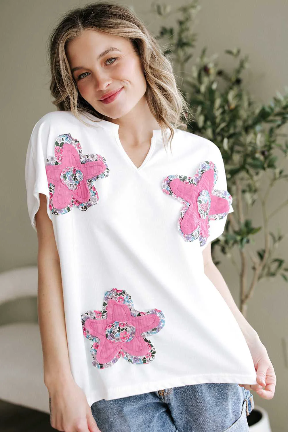 Elegant Threaded Pear Fallon Floral Dolman Sleeve Top Casual