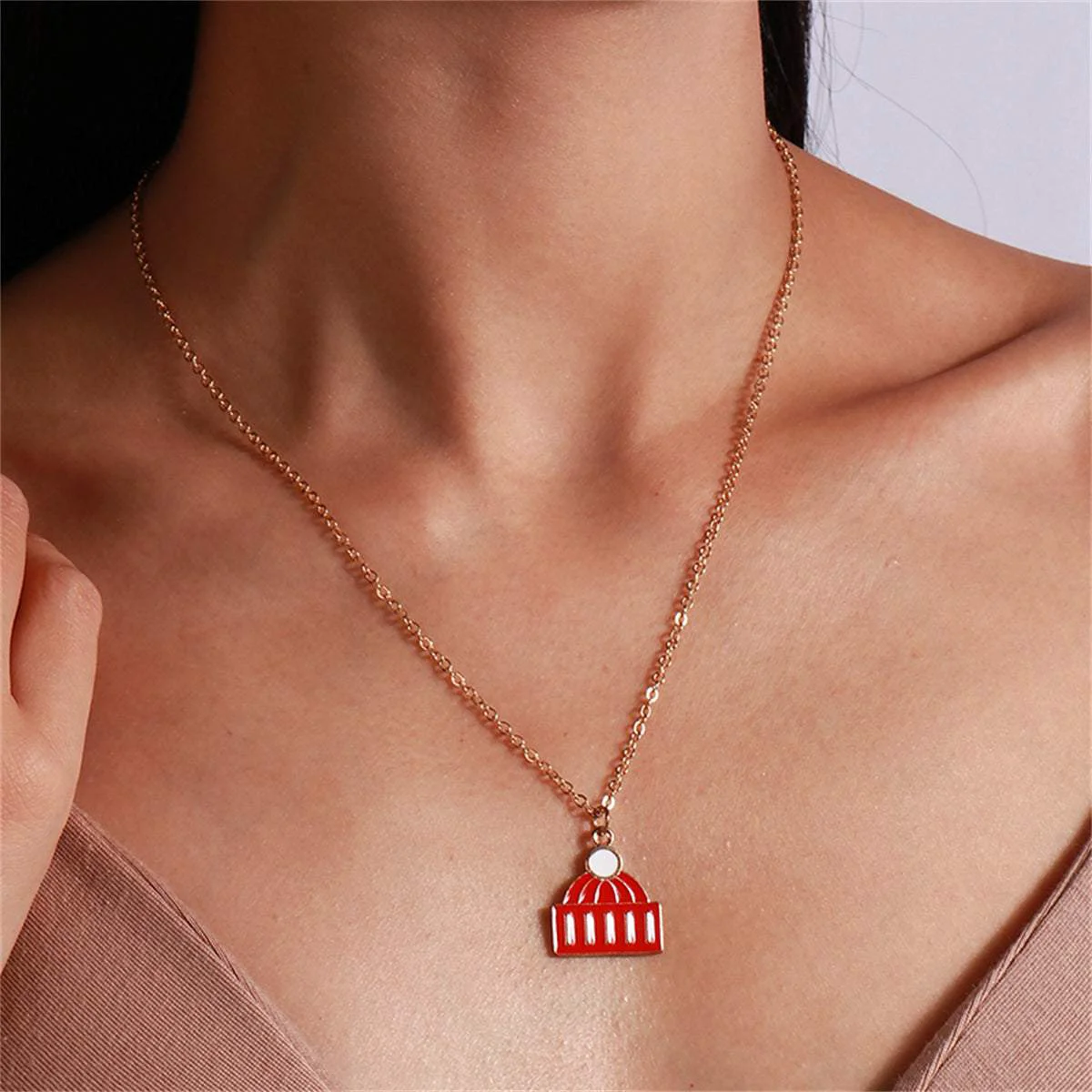 Trendy Red Enamel Goldtone Hat Pendant Necklace Casual